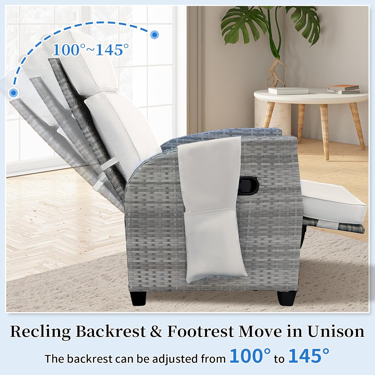 Wicker Outdoor Recliner | Rattan Patio Recliner with Adjustable Backrest and Footrest | Patio Reclining Chair with Flip-up Table & Side Pocket, 4" Thick Cushion For Patio, Outdoor & Indoor