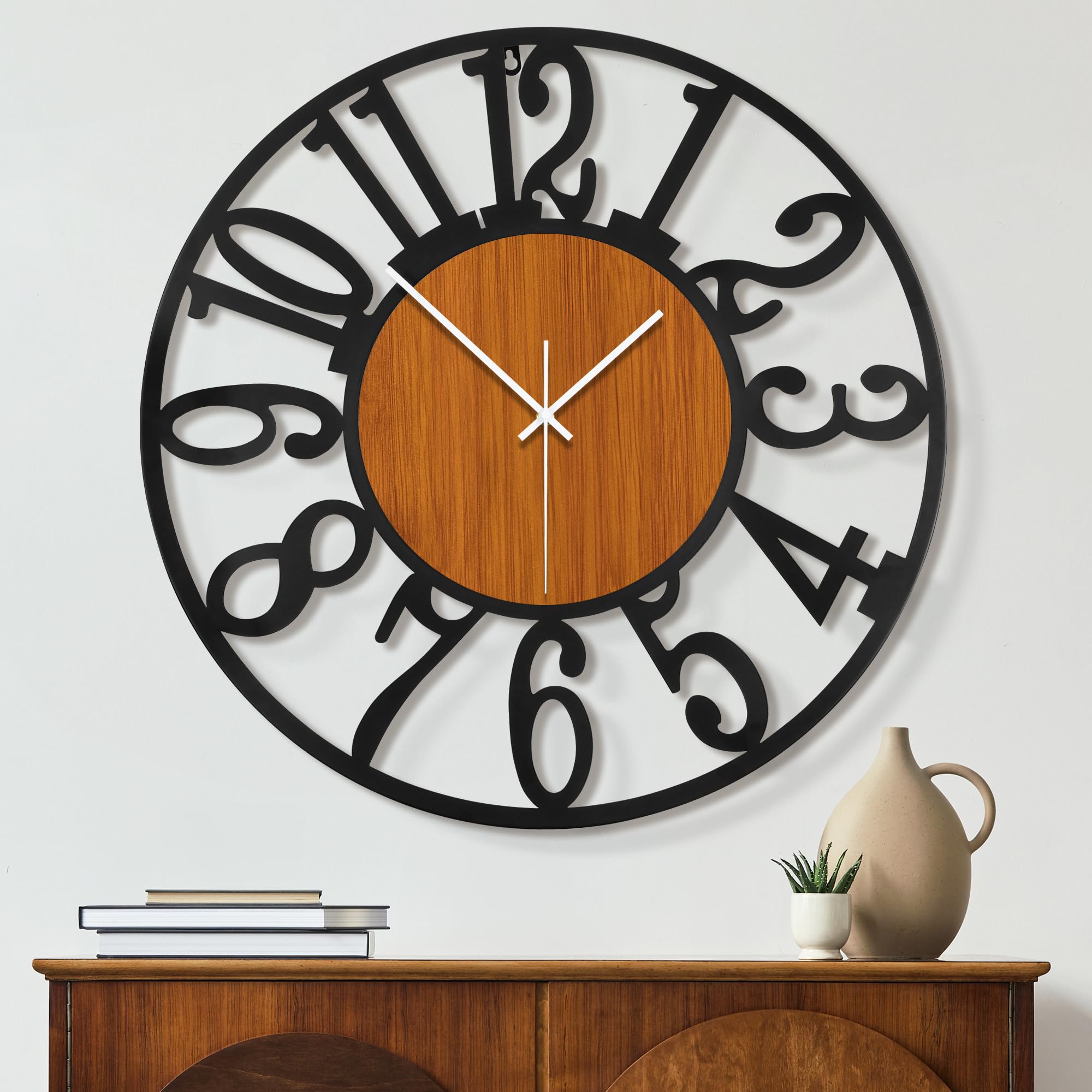 Maxstar Round Wall Clock for Living Room Decor Battery Operated Non Ticking Silent Vintage Black Metal Wood Clocks for Home Living Room Garden Farmhouse Office Kitchen Decoration -13 inch