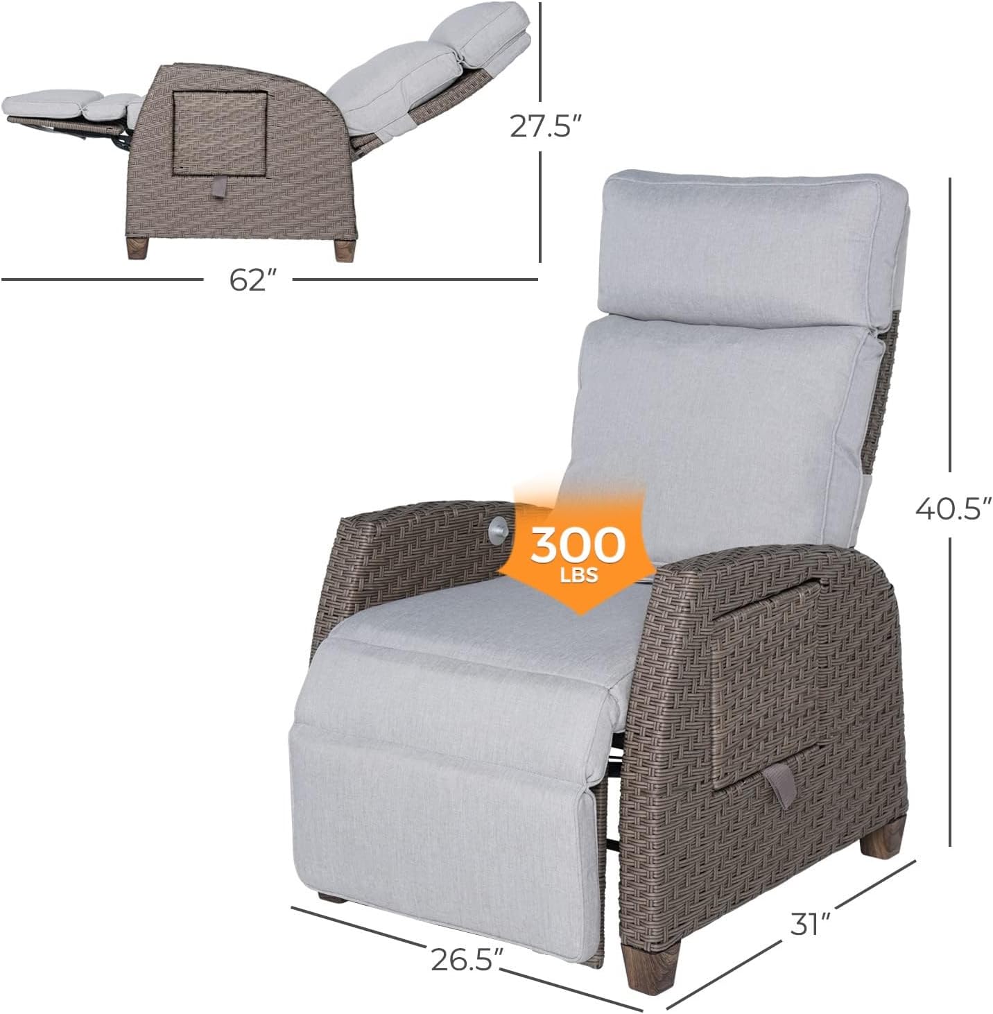 Grand patio Indoor & Outdoor Recliner Chair PE Wicker Patio Recliner with Flip Table Reclining Lounge Chair, Mist Grey