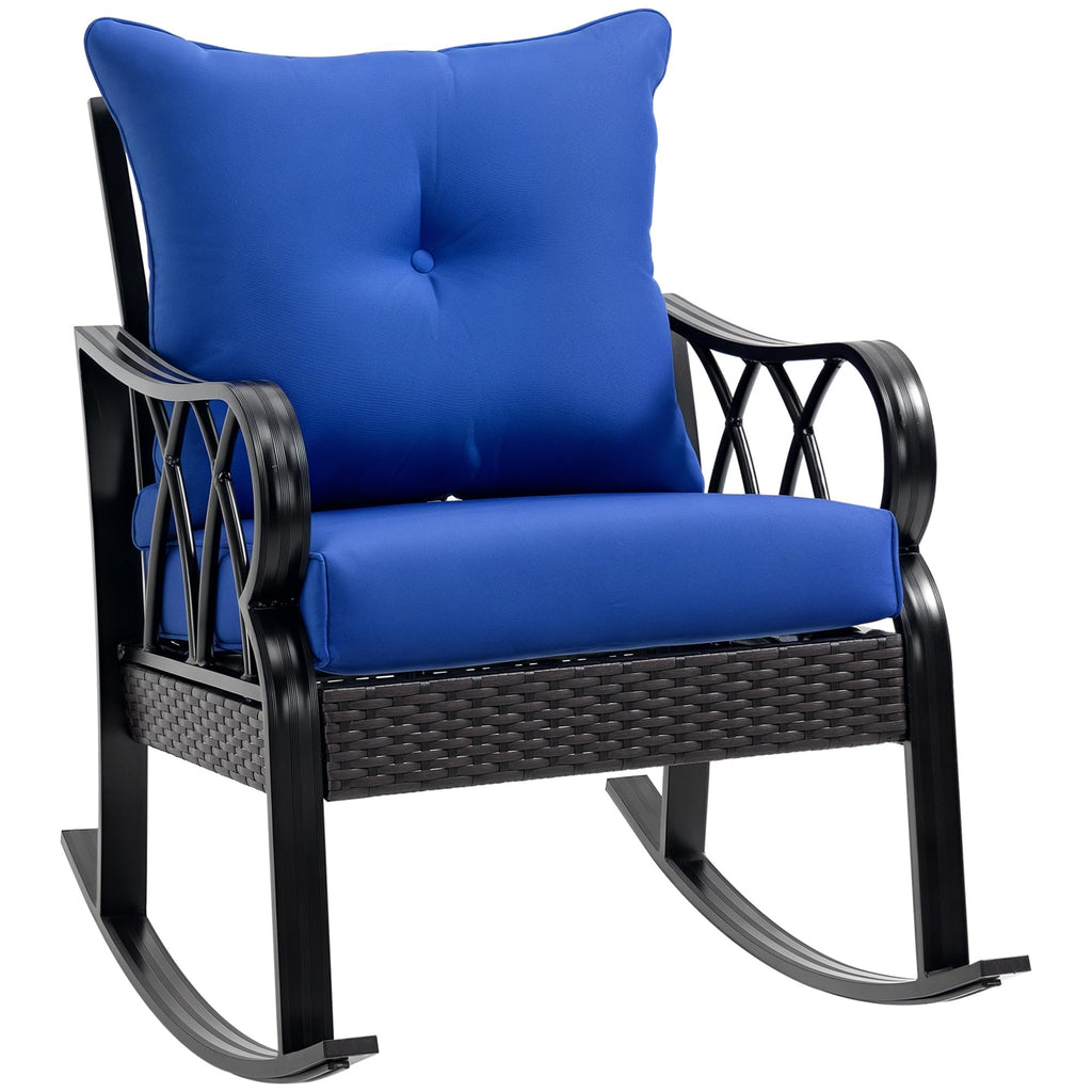Outsunny Outdoor Wicker Rocking Chair with Padded Cushions, Aluminum Furniture Rattan Porch Rocker Chair w/Armrest for Garden, Patio, and Backyard, Navy Blue