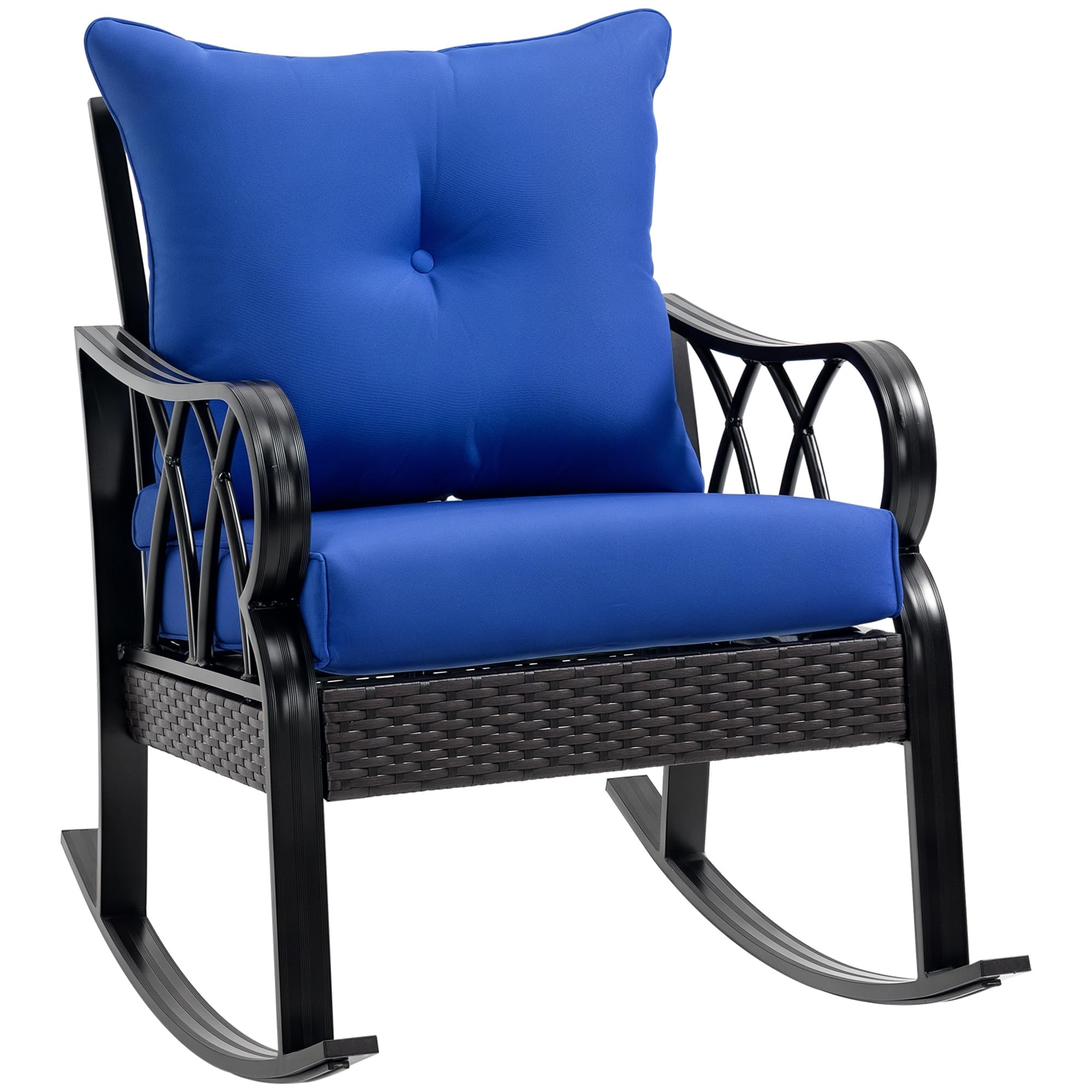 Outsunny Outdoor Wicker Rocking Chair with Padded Cushions, Aluminum Furniture Rattan Porch Rocker Chair w/Armrest for Garden, Patio, and Backyard, Navy Blue