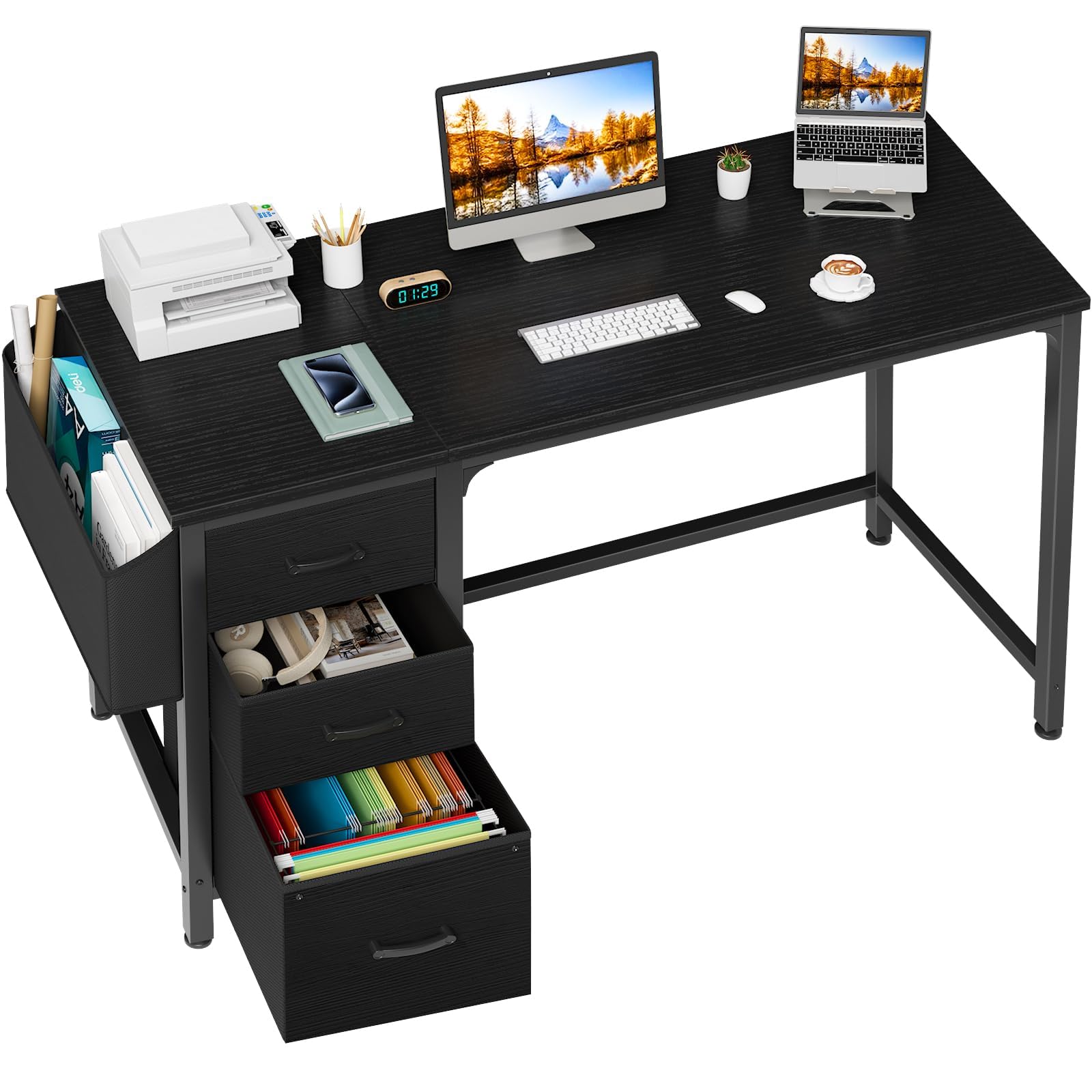 Lufeiya White Desk with File Drawers Cabinet, 47 Inch Reversible Computer Desk with Fabric Filing Cabinet for Bedroom Small Space Home Office, Modern Writing Table PC Desks, White