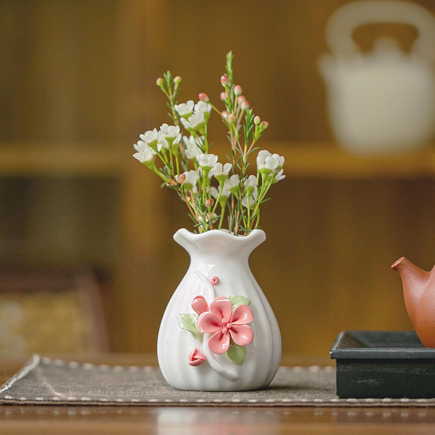 Handmade Ceramic Vase, 3D Hand Painted Flower Home Decor, Porcelain Relief Flowers, Living Room Dining Desk Statue Ornaments, 1 Piece