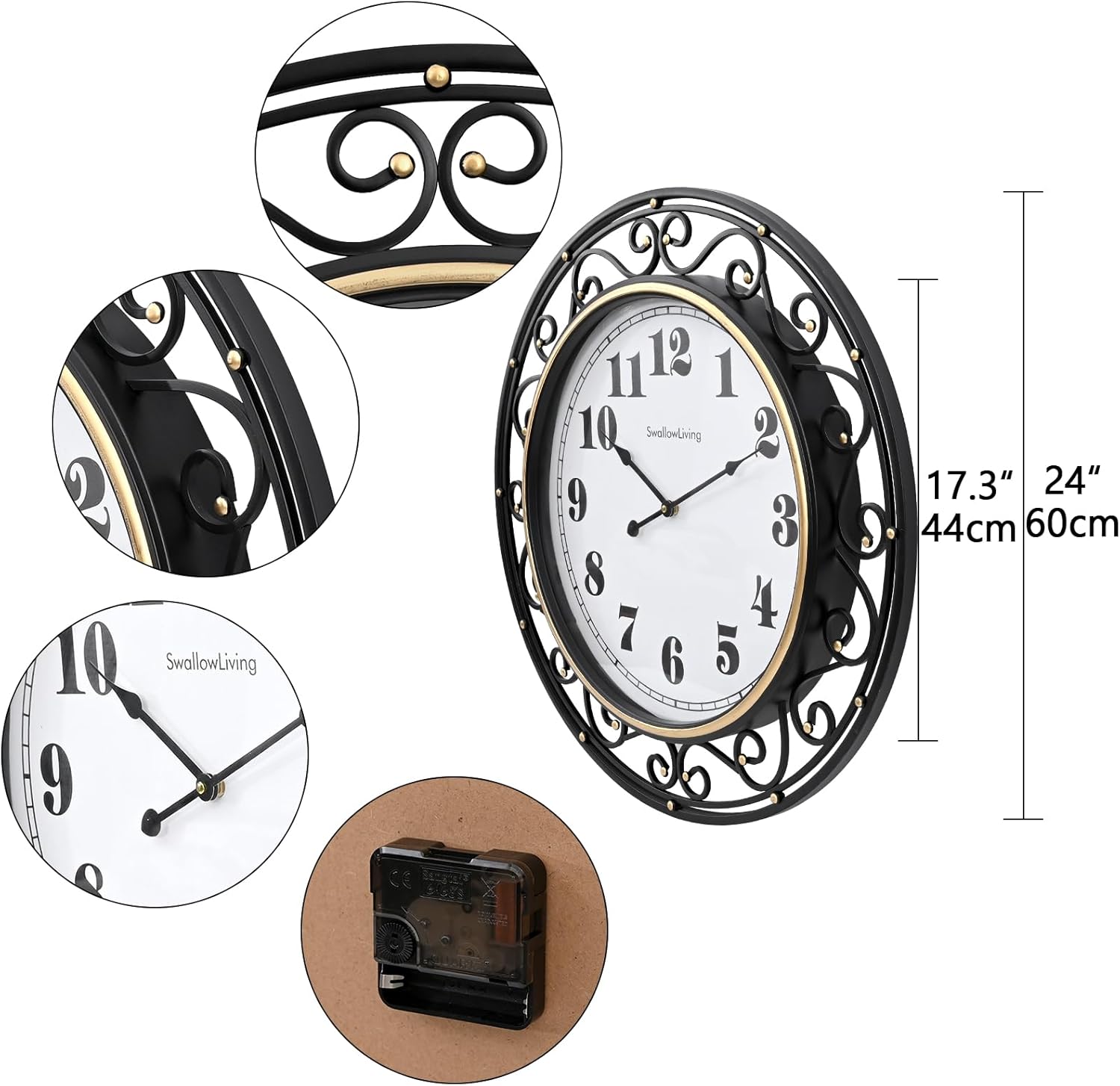 SwallowLiving 24 Inch Vintage Iron Metal Frame Wall Clock Silent, Battery Operated, Elegant Retro Decor for Living Room, Kitchen, Office, Dining Room, and Bedroom