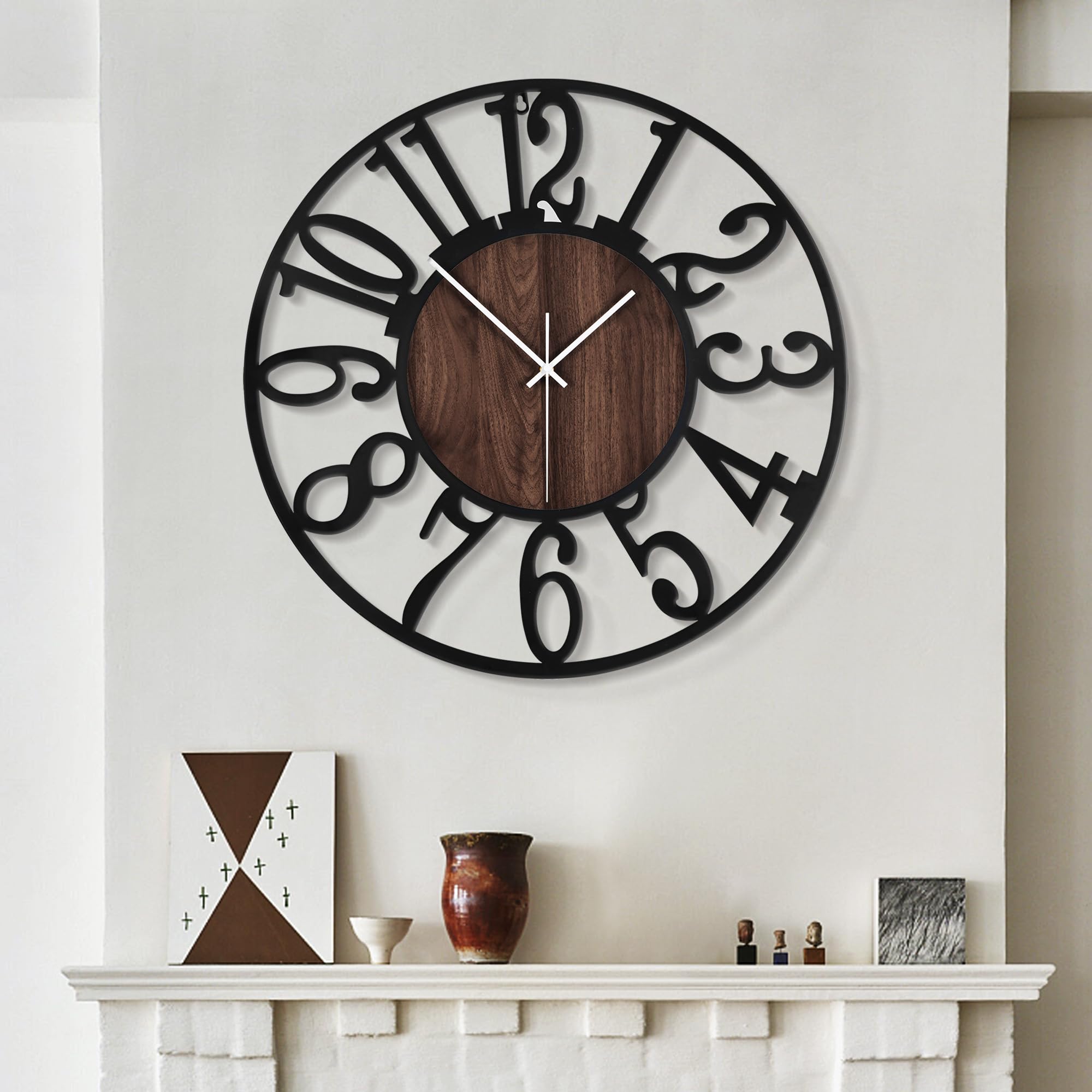 LEIKE Large Wall Clocks,Silent,Non Ticking,Battery Operated Small Vintage Round Modern Metal Wall Clock for Living Room, Bedroom,Kitchen,Farmhouse,Office Decor-13.5 Inch(Black-Arabic Number)