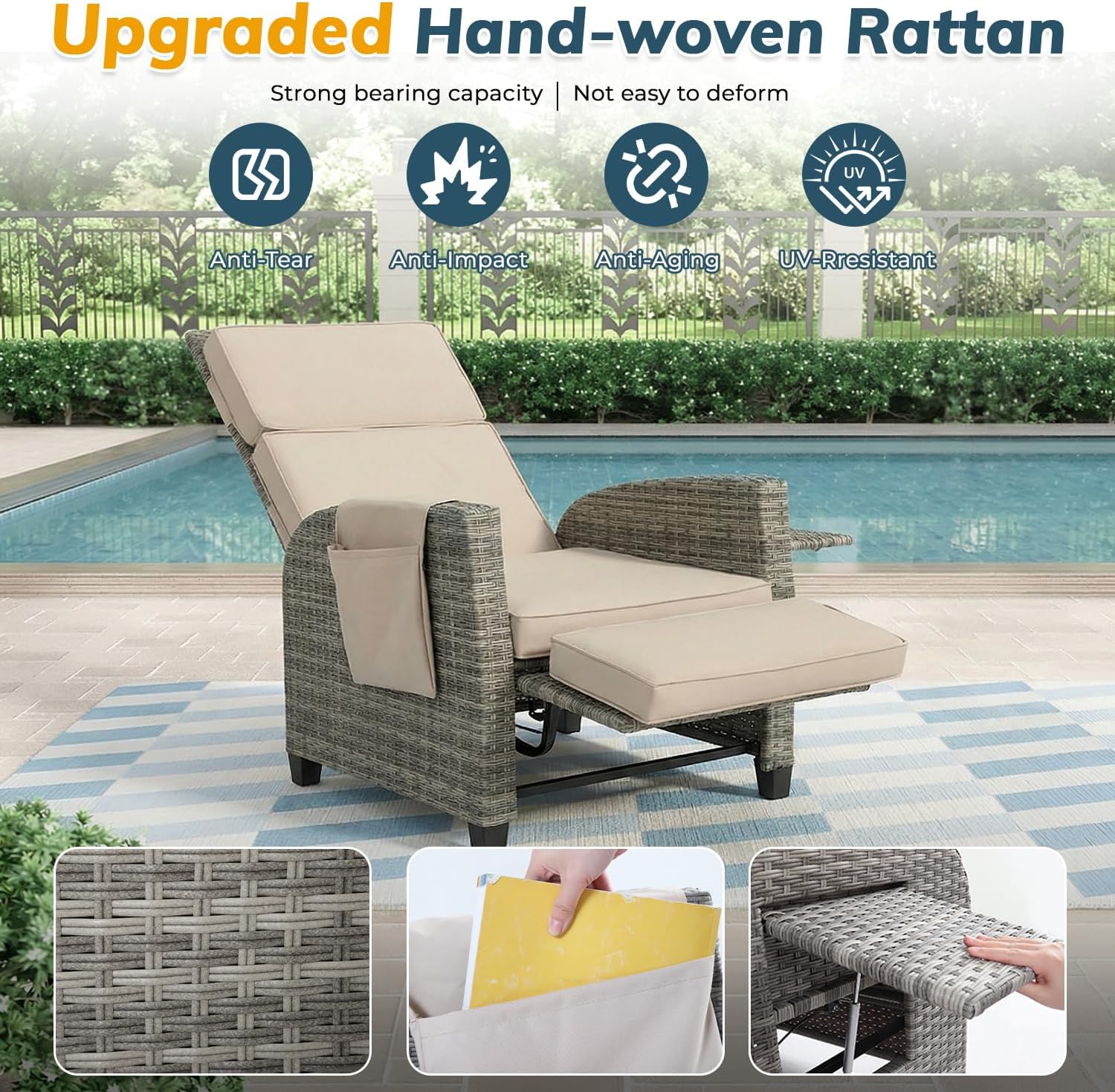 Outdoor Patio Recliner Chair,Adjustable Backrest up to Lay Flat Reclining Chair & Extended Footrest, Flip-Up Side Table, Removable Cushion for Porch Balcony Garden Poolside (1)