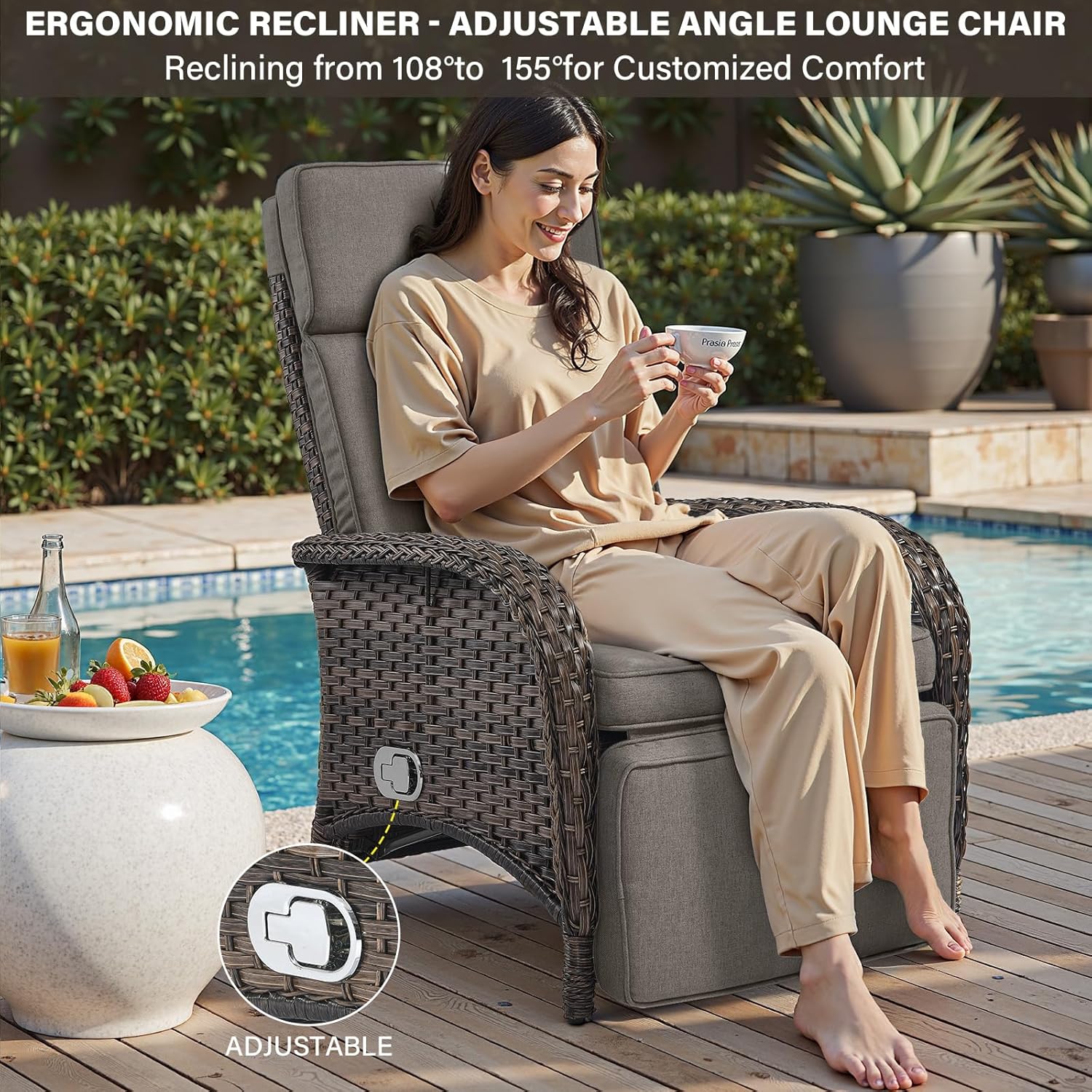 Belord Versatile Outdoor Recliner Chair - 2 Piece Reclining Patio Chair with Adjustable Backrest and Footrest, All-Weather Wicker Chaise Lounge Chair Outdoor for Pool Deck Brown