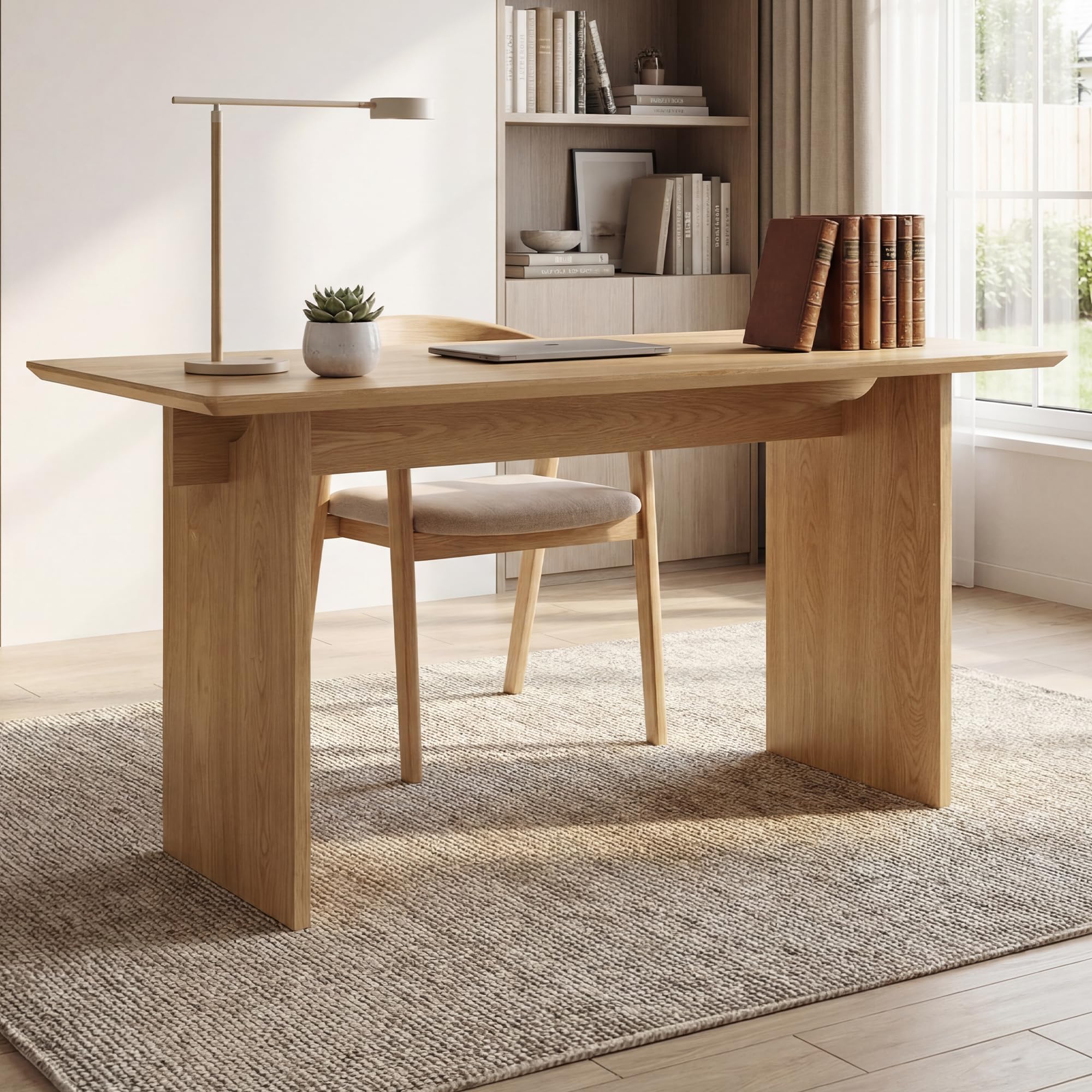 HNY 55" Modern Minimalist Desk Spacious Home Office Desk with Sturdy Two-Pedestal Design Natural Walnut Finish for Work, Study & Gaming