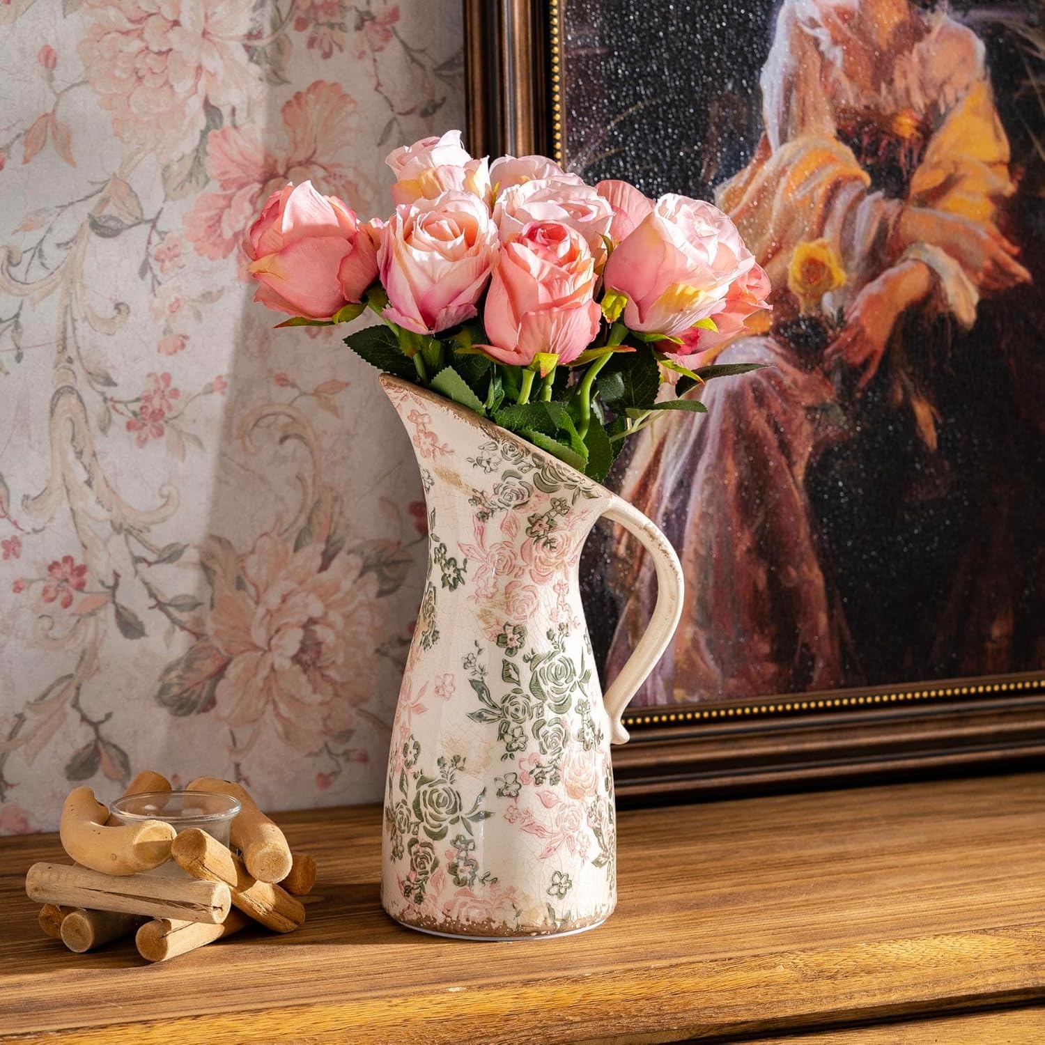 Vintage Ceramic Pitcher Vase with Handle 10.5”, Green & Pink Floral Farmhouse Vase, Chinoiserie Decorative Centerpiece for Living Room, Bookshelf
