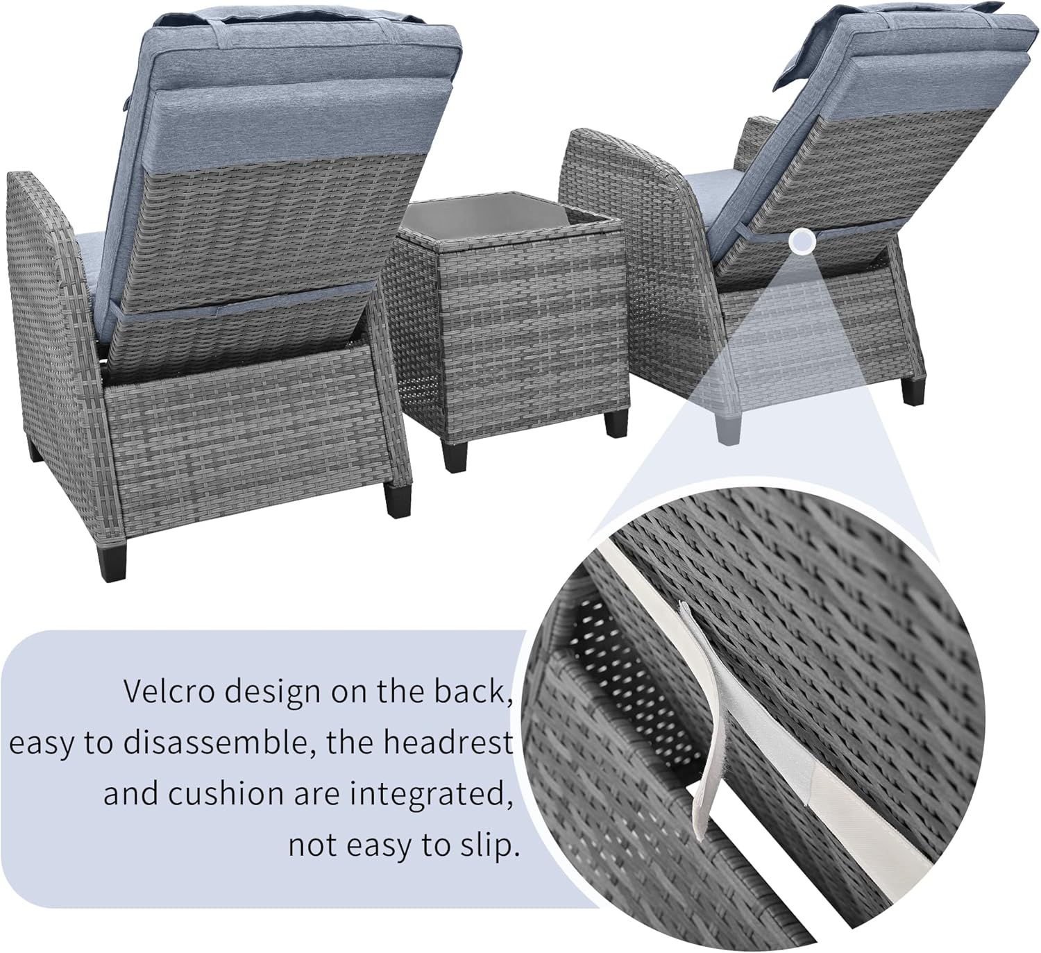 Outdoor Recliners Chair Set of 2 for Patio with Wicker Coffee Table, Comfort Cushion, Adjustable Angle Weatherproof Reclining Chairs for Courtyard, Swimming Pool, Balcony (Grey)