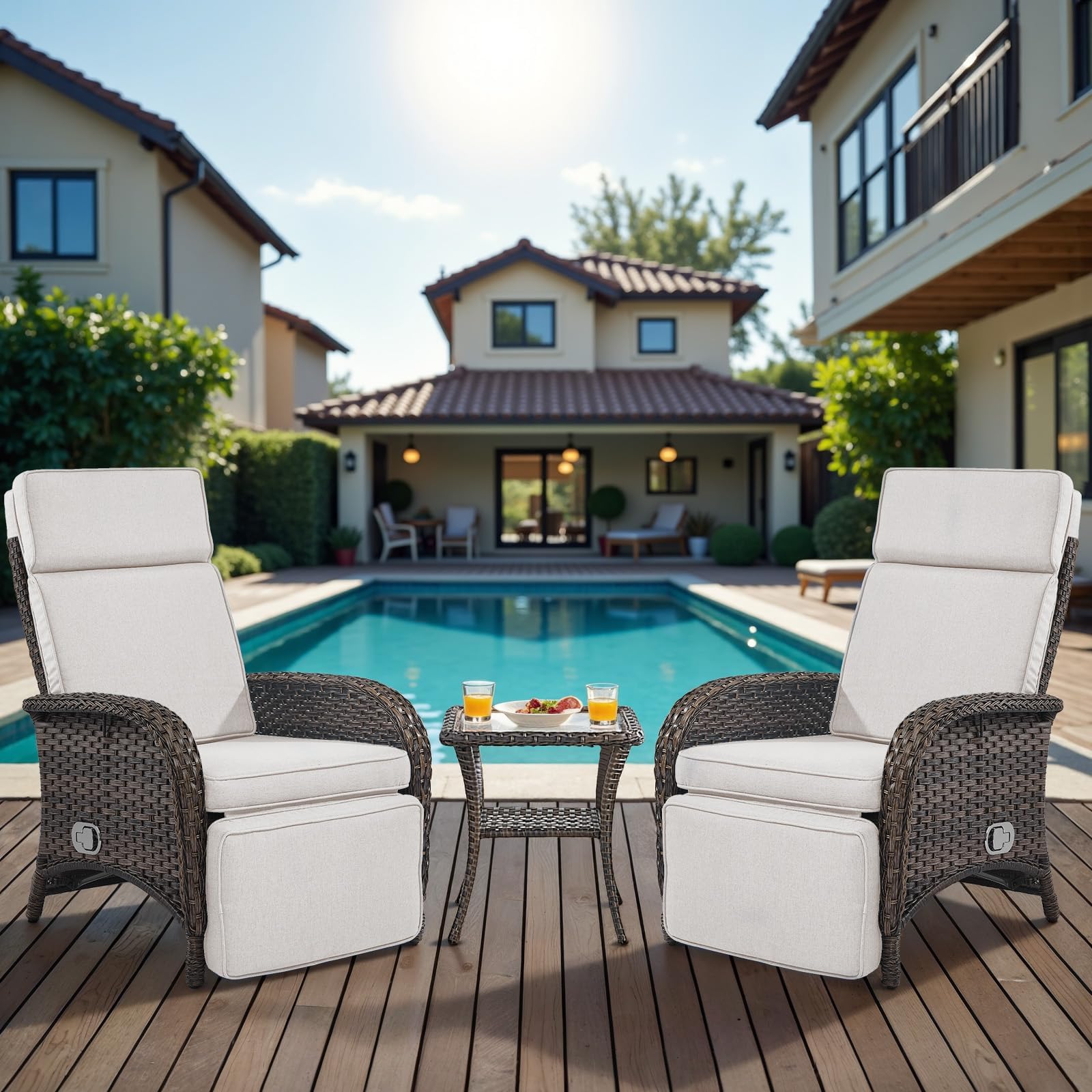 Belord Versatile Outdoor Recliner Chair - 2 Piece Reclining Patio Chair with Adjustable Backrest and Footrest, All-Weather Wicker Chaise Lounge Chair Outdoor for Pool Deck Brown