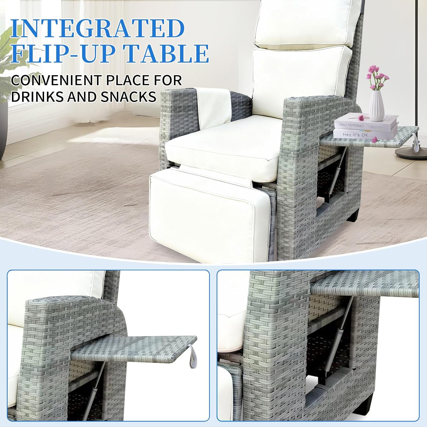Wicker Outdoor Recliner | Rattan Patio Recliner with Adjustable Backrest and Footrest | Patio Reclining Chair with Flip-up Table & Side Pocket, 4" Thick Cushion For Patio, Outdoor & Indoor