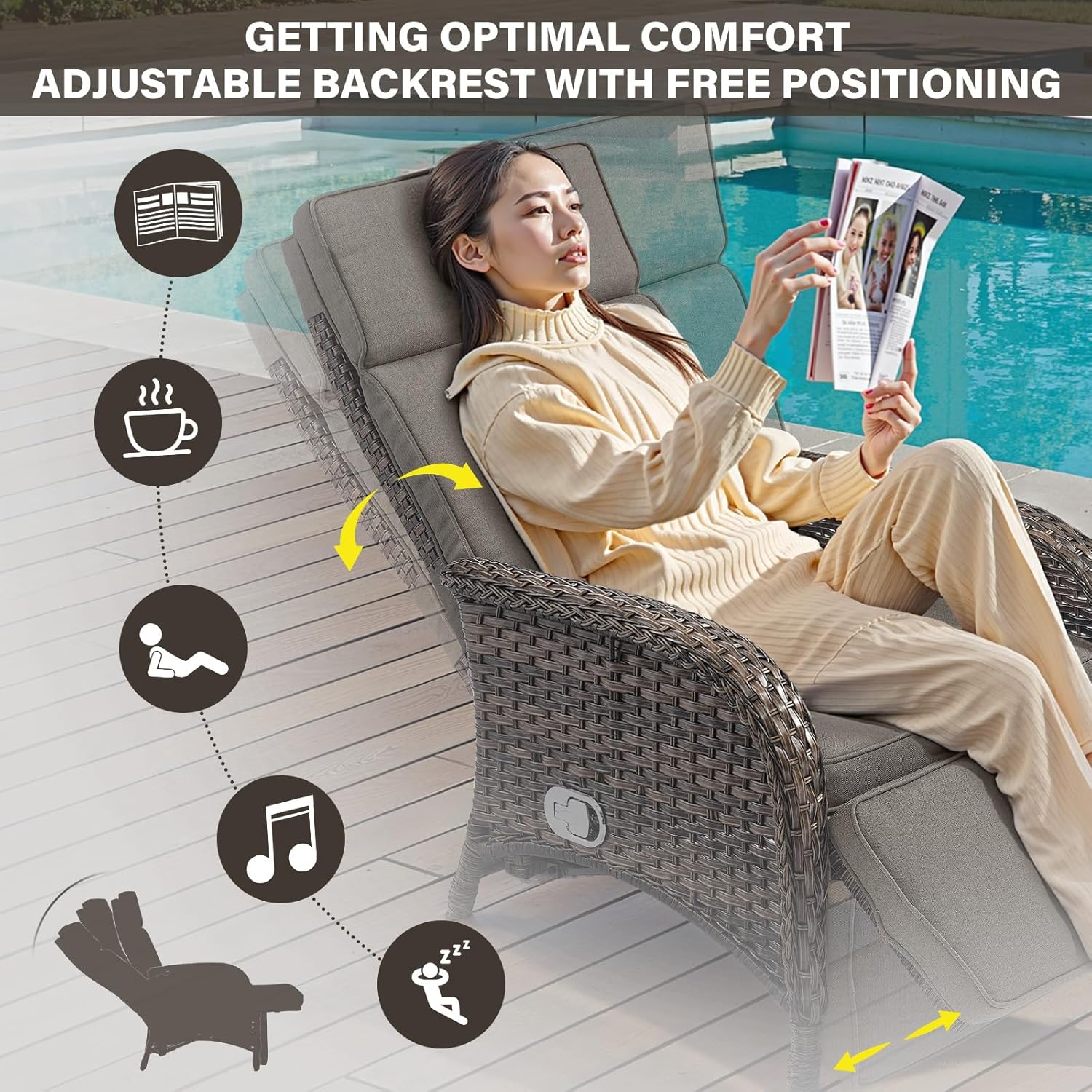 Belord Versatile Outdoor Recliner Chair - 2 Piece Reclining Patio Chair with Adjustable Backrest and Footrest, All-Weather Wicker Chaise Lounge Chair Outdoor for Pool Deck Brown