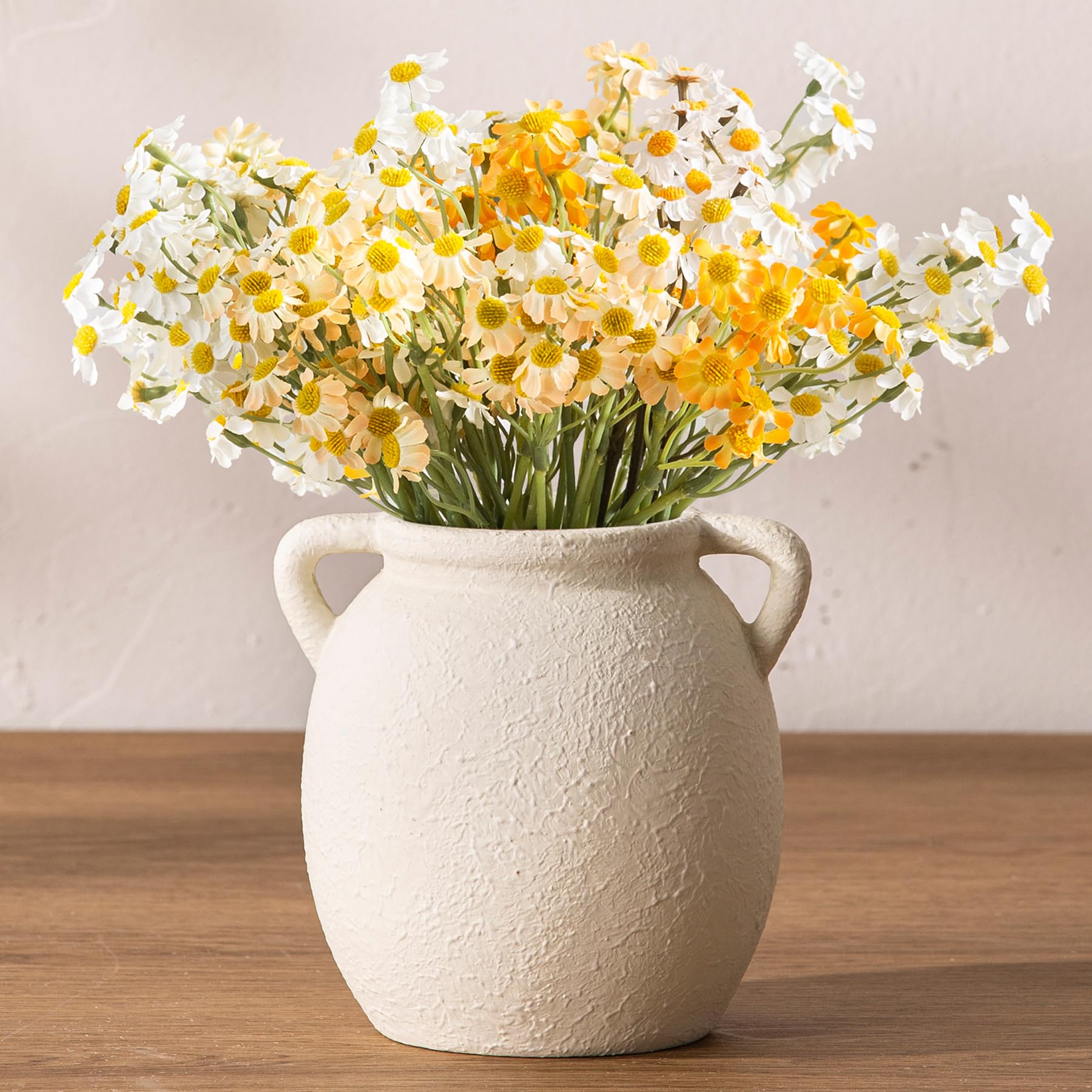 Dobbyby Ceramic Flower Vase 7.6 inch Farmhouse Rustic Vase Decorative Pottery Terracotta Vases for Home Decor Table Mantle Fireplace Living Room Bathroom Wedding Centerpiece (White-Upgraded)