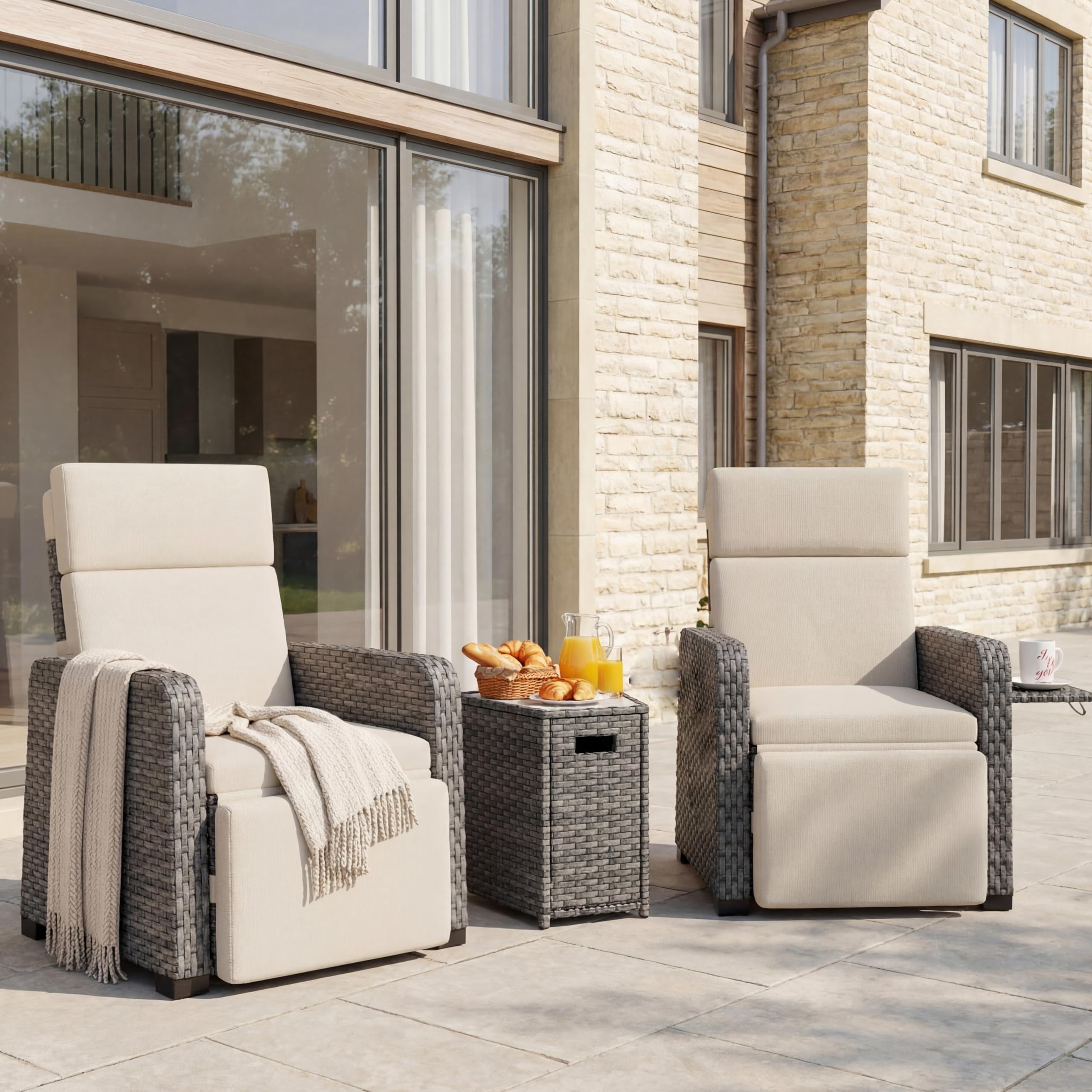 Restland Outdoor Recliner with Independent Adjustable Back & Footrest Wicker Patio Reclining Chair with Flip Table Comfortable Lounge Chair & Thick Cushion for Deck, Porch (Grey)