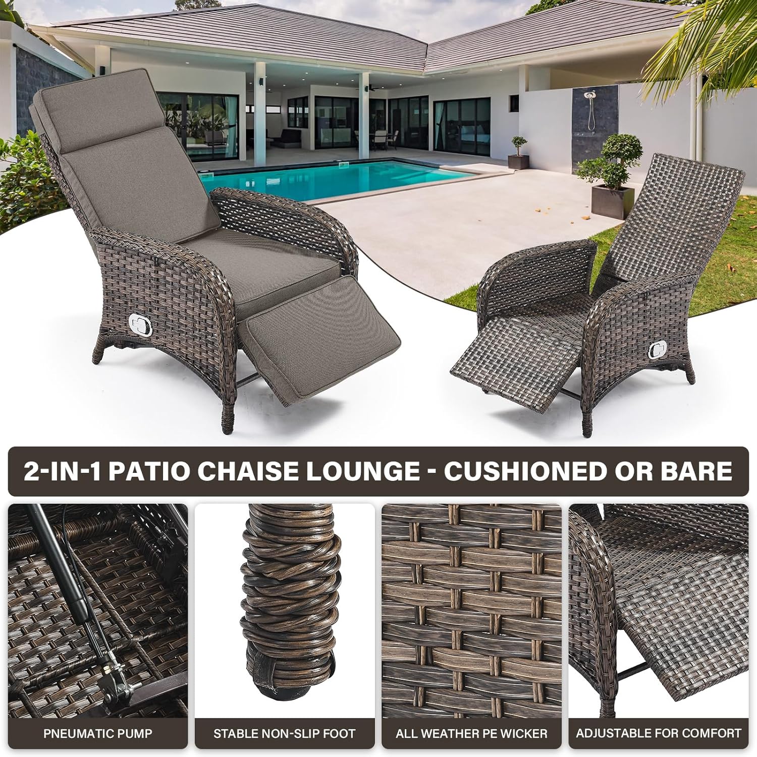 Belord Versatile Outdoor Recliner Chair - 2 Piece Reclining Patio Chair with Adjustable Backrest and Footrest, All-Weather Wicker Chaise Lounge Chair Outdoor for Pool Deck Brown
