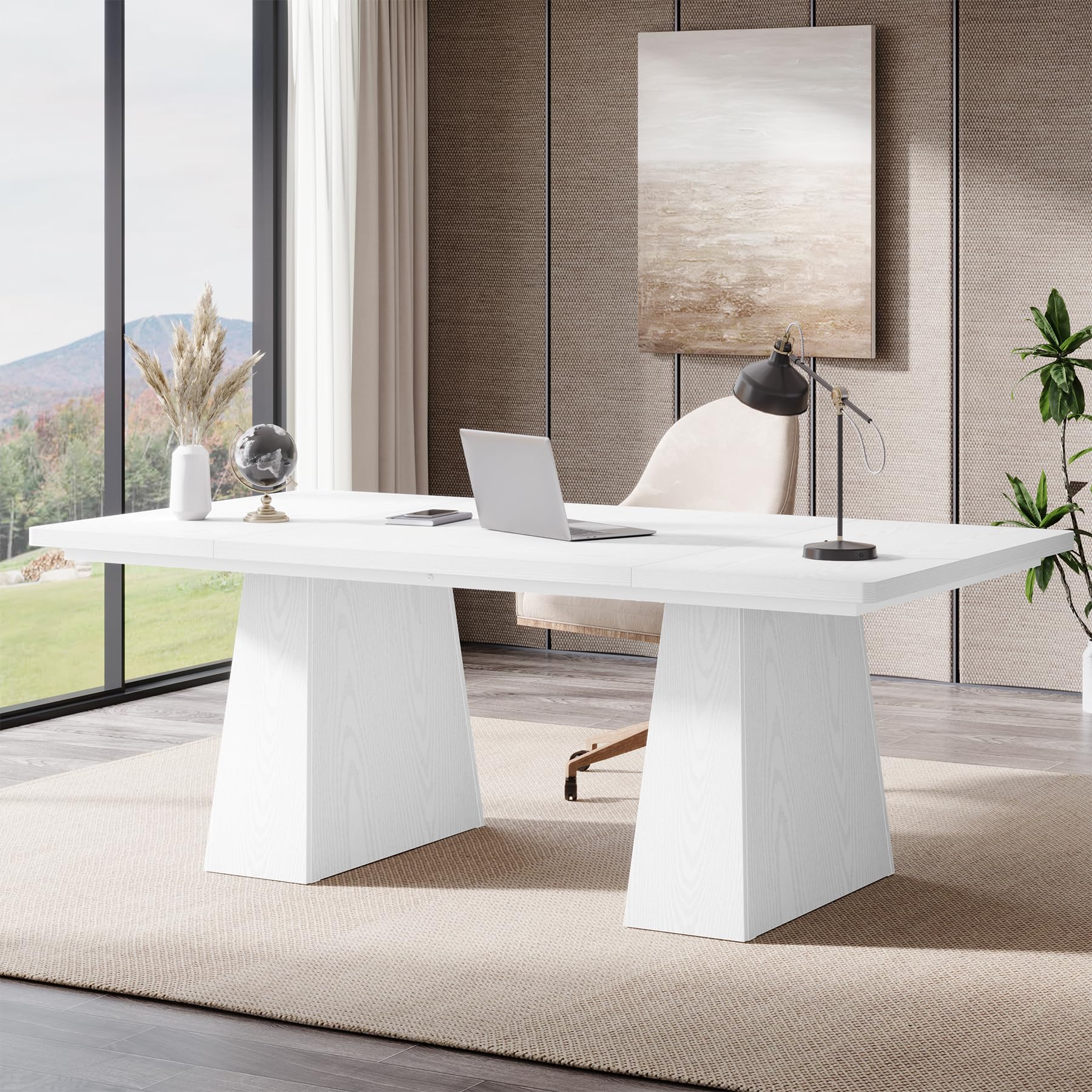 Tribesigns 63-Inch Executive Desk, Large Office Computer Desk with Double Pedestal, Modern Simple Workstations Writing Table Conference Table Business Furniture for Home Office, Natural