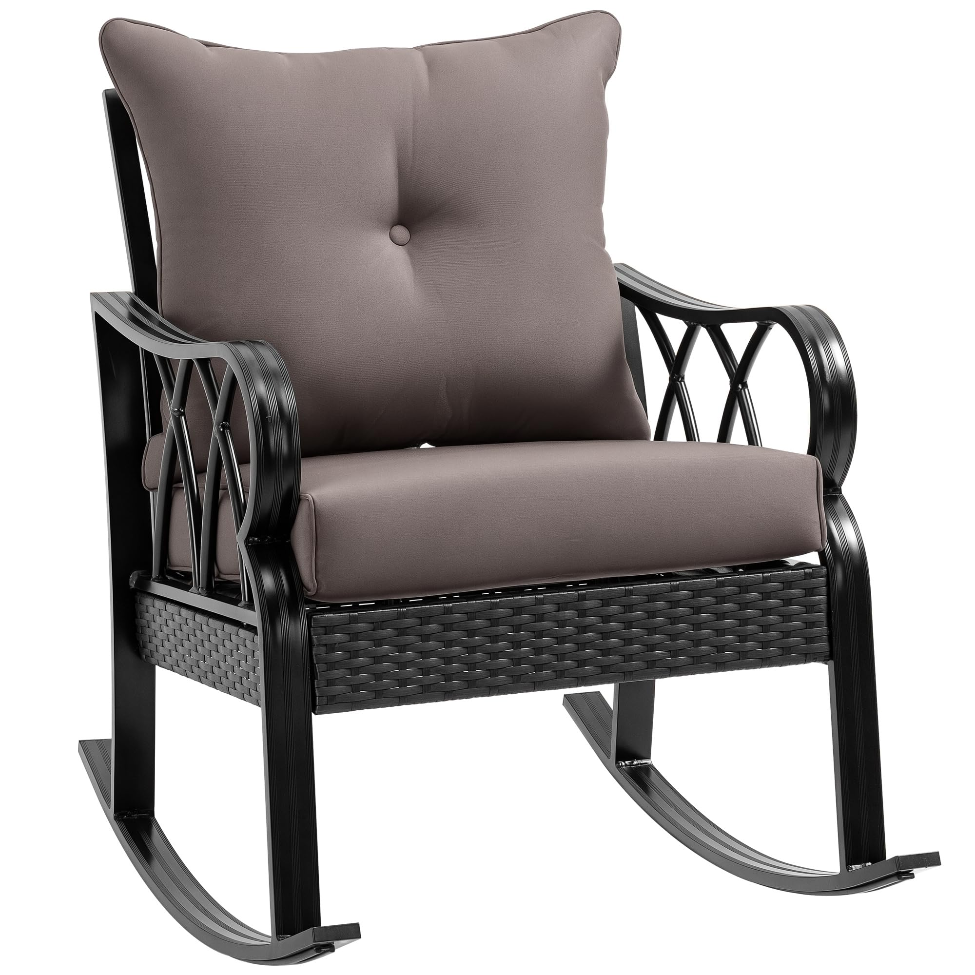 Outsunny Outdoor Wicker Rocking Chair with Padded Cushions, Aluminum Furniture Rattan Porch Rocker Chair w/Armrest for Garden, Patio, and Backyard, Navy Blue