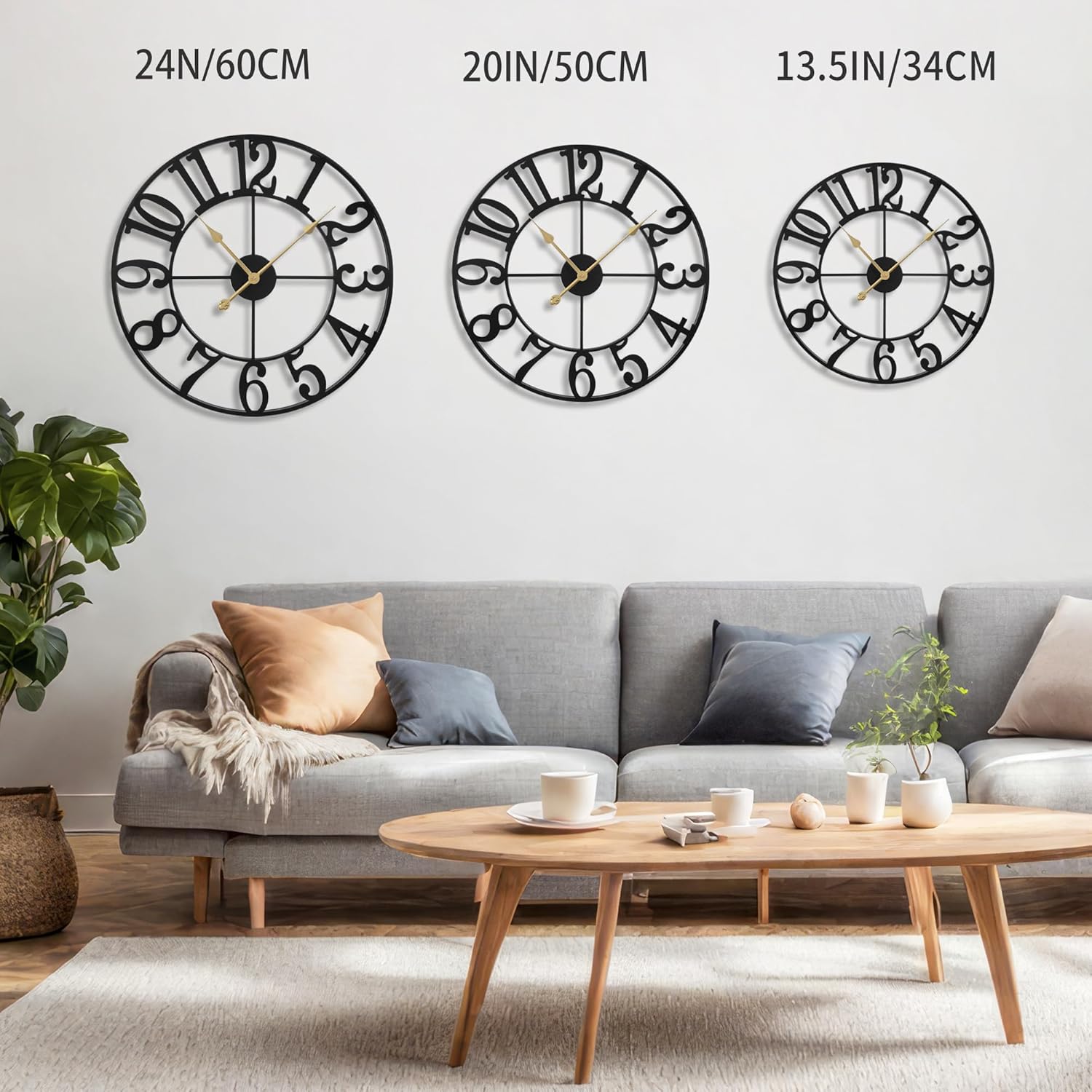 LEIKE Large Wall Clocks,Silent,Non Ticking,Battery Operated Small Vintage Round Modern Metal Wall Clock for Living Room, Bedroom,Kitchen,Farmhouse,Office Decor-13.5 Inch(Black-Arabic Number)