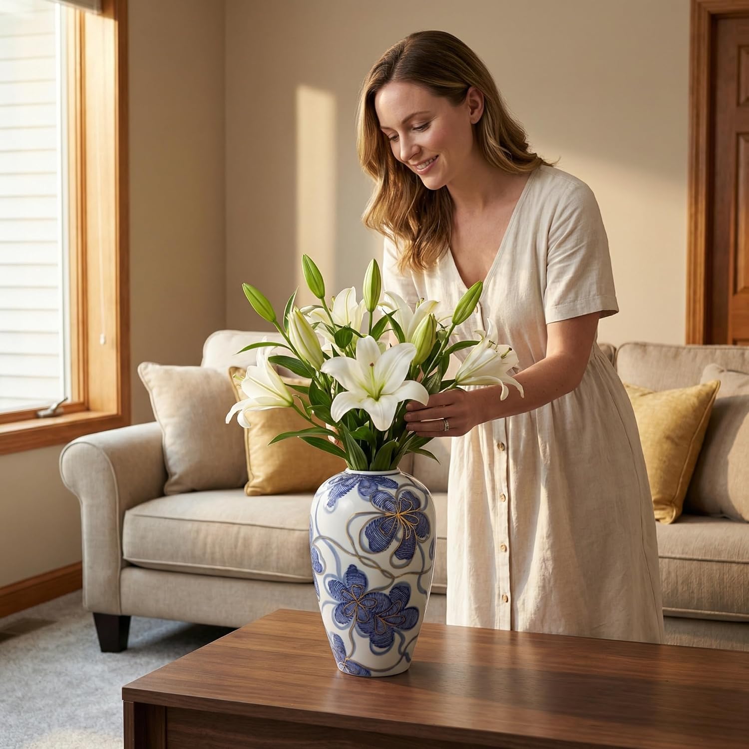 Blue and White Ceramic Vase for Home Decor – Hand-Painted Porcelain Flower Vase with Gold Accents – Chinoiserie-Inspired Home Decor Vases – 9" for Table, Shelf, or Mantel
