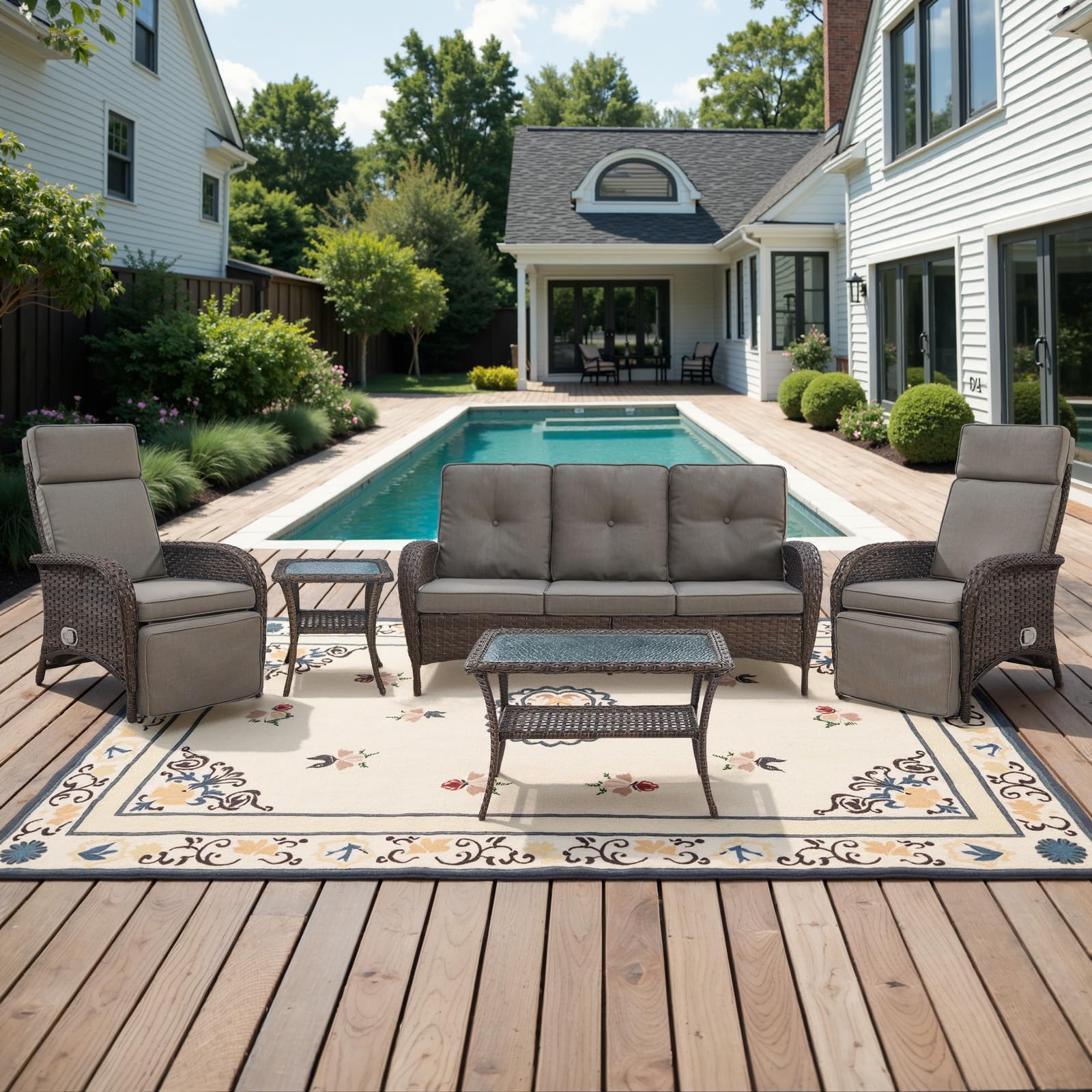 Belord Versatile Outdoor Recliner Chair - 2 Piece Reclining Patio Chair with Adjustable Backrest and Footrest, All-Weather Wicker Chaise Lounge Chair Outdoor for Pool Deck Brown