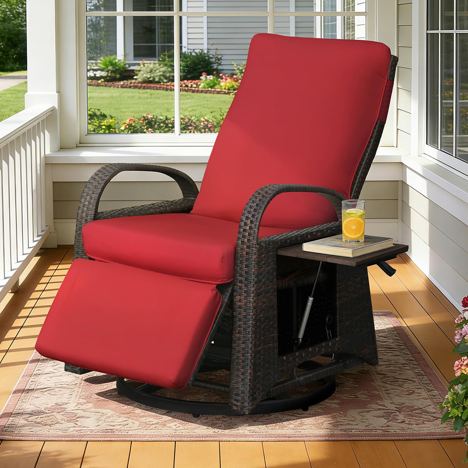Skypatio Outdoor Patio Swivel Recliner Chair, Independently Adjustable Backrest and Footrest Patio Wicker Reclining Lounge Chair with Flip Side Table for Indoor, Balcony, Porch(Light Khaki)