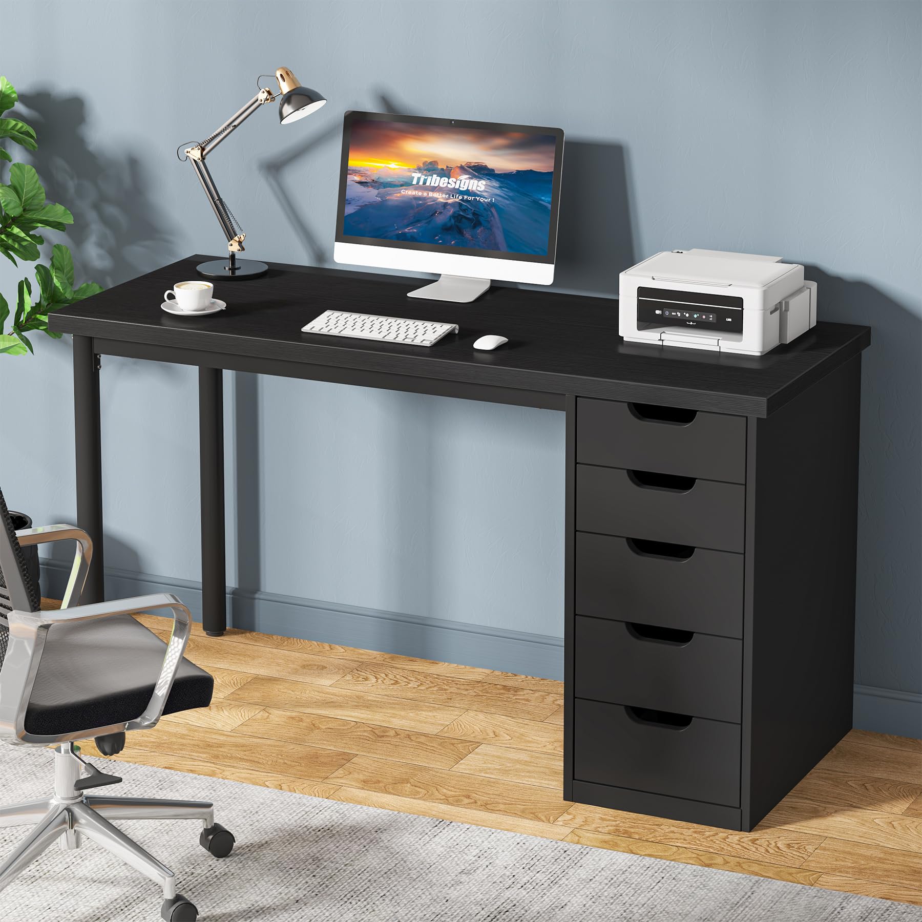 Tribesigns Computer Desk with 5 Drawers, 47 inches Rustic Brown Home Office Desk with Storage, Modern Simple Laptop Desk Study Writing Table for Small Spaces (1, Brown+Black)