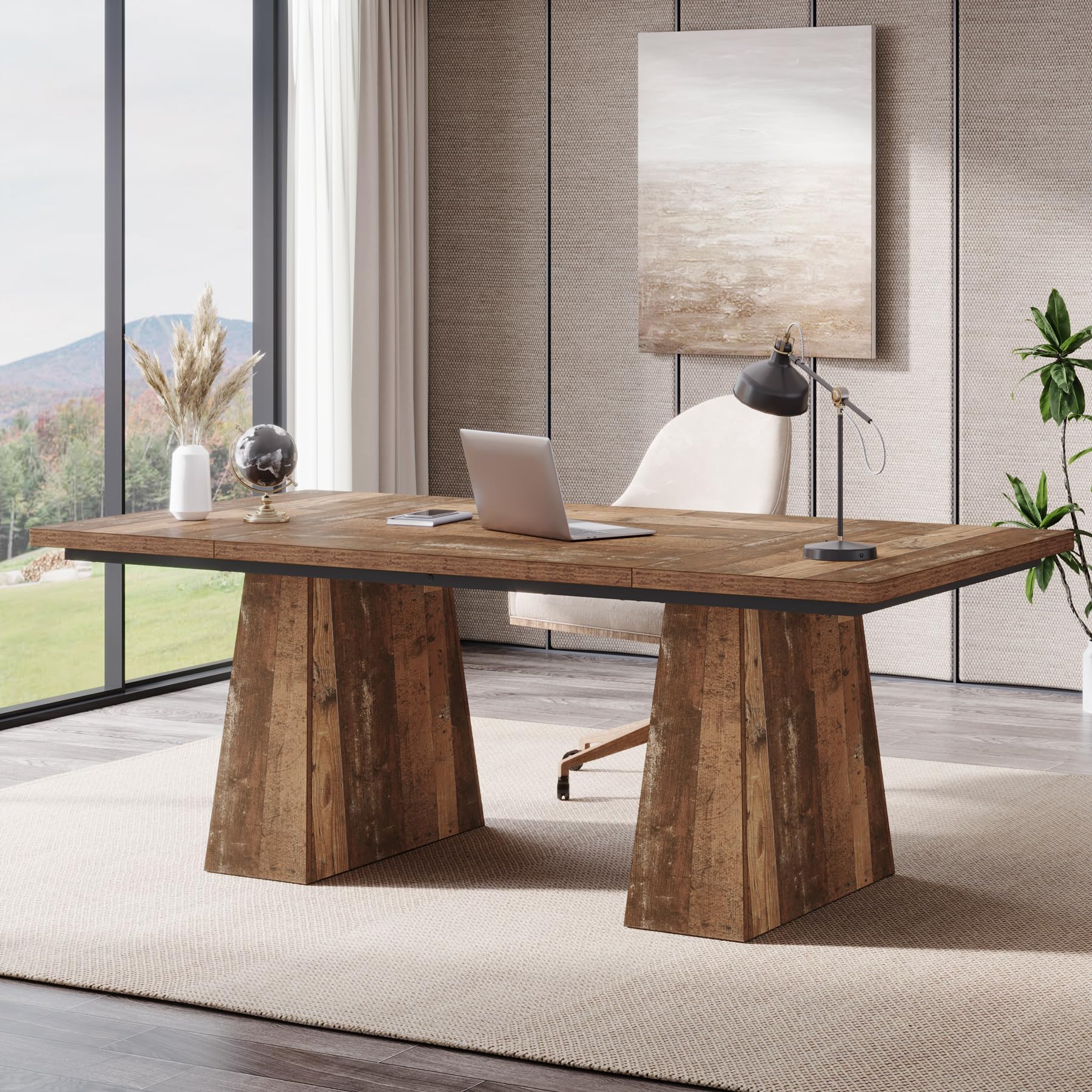 Tribesigns 63-Inch Executive Desk, Large Office Computer Desk with Double Pedestal, Modern Simple Workstations Writing Table Conference Table Business Furniture for Home Office, Natural