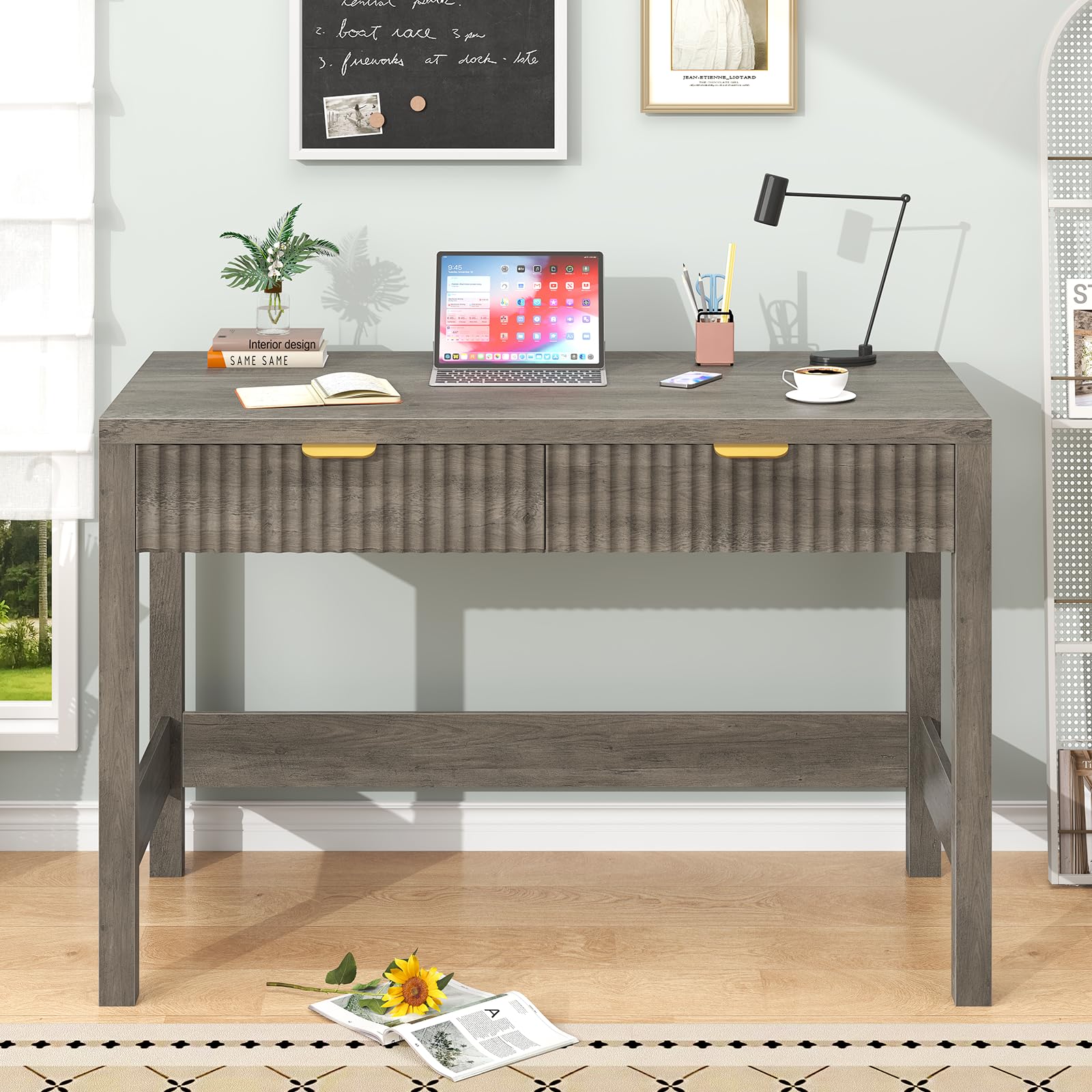 YOMILUVE Fluted Computer Desk with 2 Drawers, 39 Inch Small Computer Desk with Storage, Compact Writing Study Desk for Small Spaces