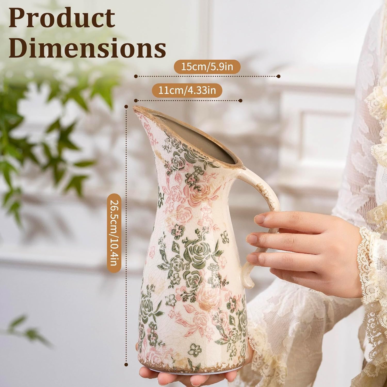 Vintage Ceramic Pitcher Vase with Handle 10.5”, Green & Pink Floral Farmhouse Vase, Chinoiserie Decorative Centerpiece for Living Room, Bookshelf