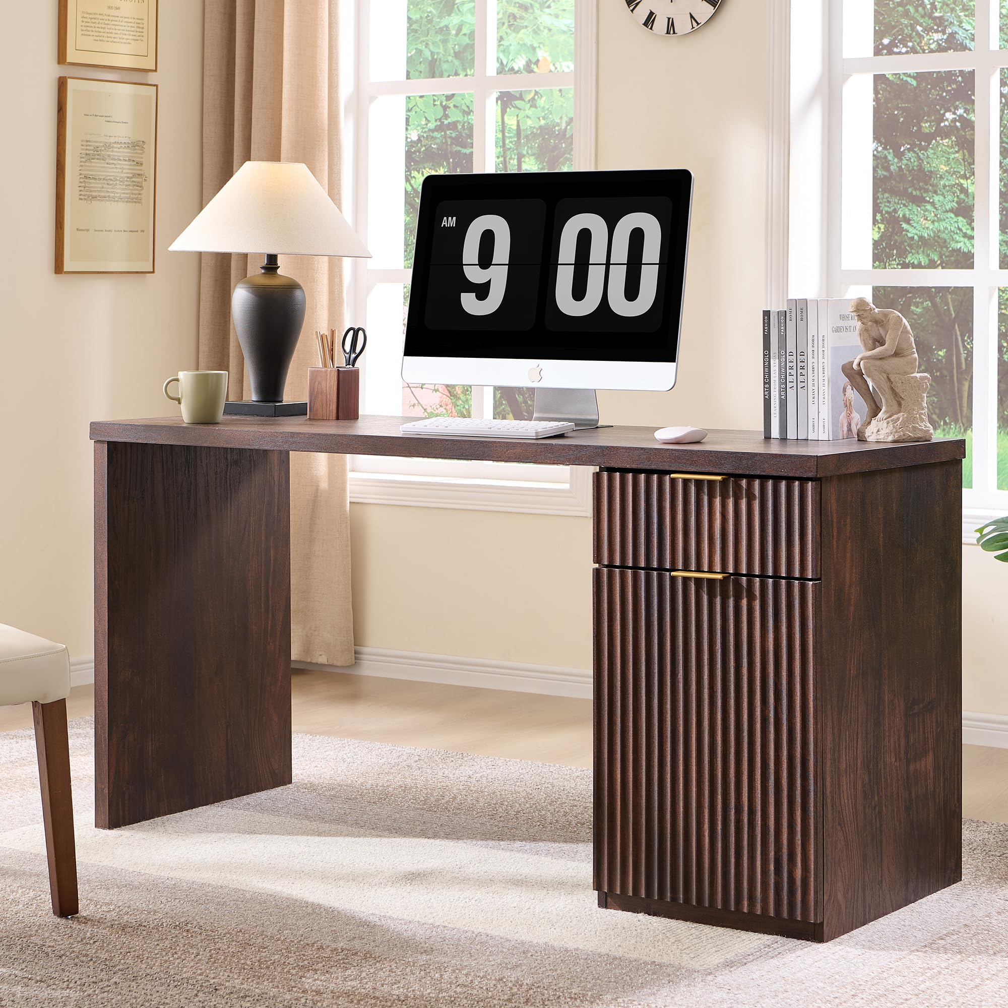 JXQTLINGMU 60" Modern Executive Desk with Storage, Wood Home Office Desk with Drawer & Cabinet, Fluted Computer Writing Desk for Study, Living Room, Bedroom, Oak