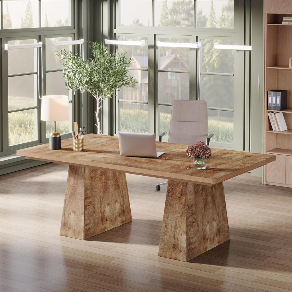 Tribesigns 63-Inch Executive Desk, Large Office Computer Desk with Double Pedestal, Modern Simple Workstations Writing Table Conference Table Business Furniture for Home Office, Natural