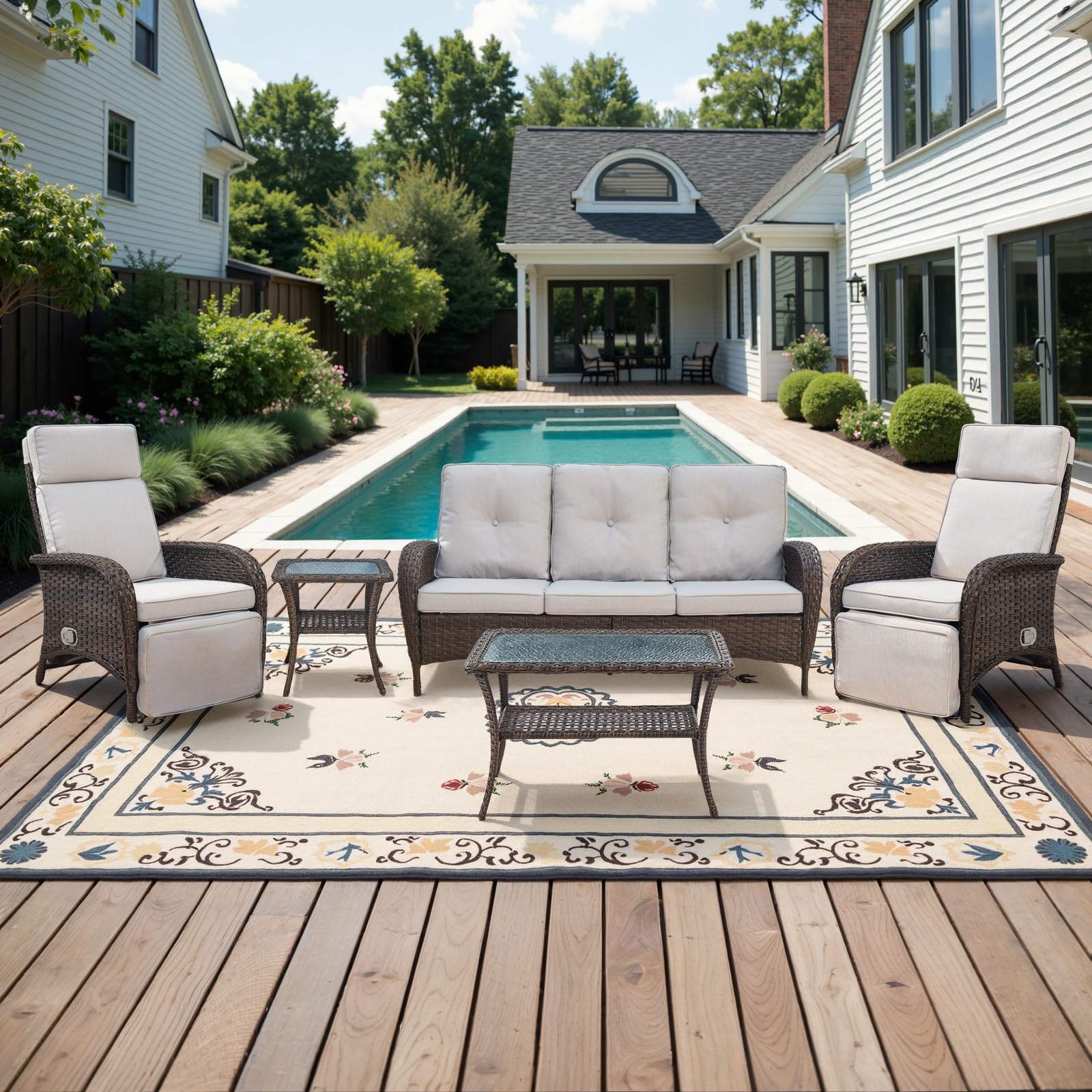 Belord Versatile Outdoor Recliner Chair - 2 Piece Reclining Patio Chair with Adjustable Backrest and Footrest, All-Weather Wicker Chaise Lounge Chair Outdoor for Pool Deck Brown