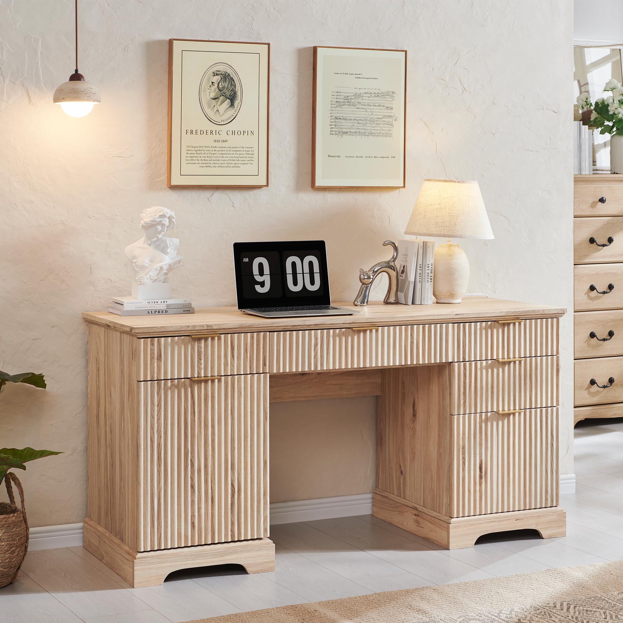 JXQTLINGMU 60" Modern Executive Desk with Storage, Wood Home Office Desk with Drawer & Cabinet, Fluted Computer Writing Desk for Study, Living Room, Bedroom, Oak