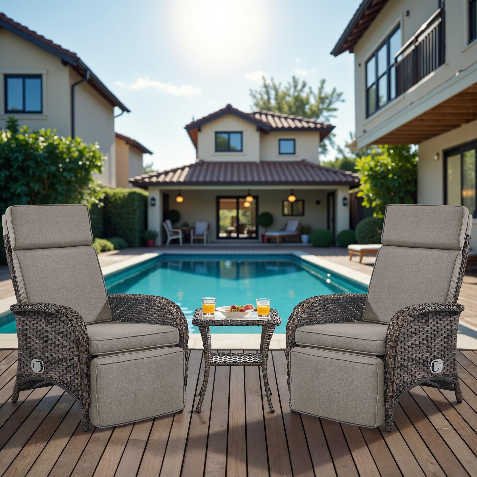 Belord Versatile Outdoor Recliner Chair - 2 Piece Reclining Patio Chair with Adjustable Backrest and Footrest, All-Weather Wicker Chaise Lounge Chair Outdoor for Pool Deck Brown