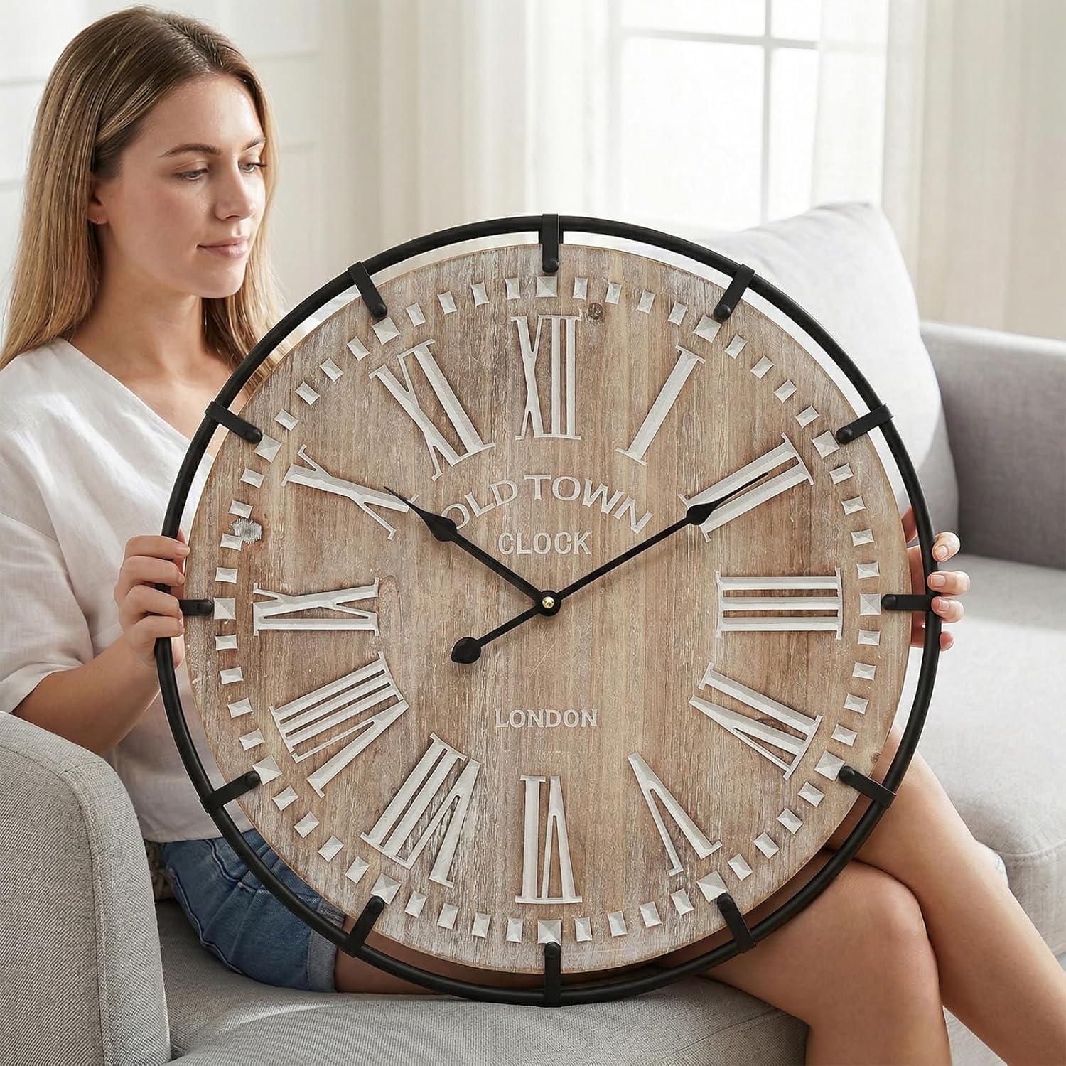 EMAX HOME 24 Inch Large Farmhouse Wall Clock, Rustic Antique Wood with Metal Circle and Large Engraved Numerals, Silent Battery Operated Wall Clock for Office Kitchen Bedroom Living Room