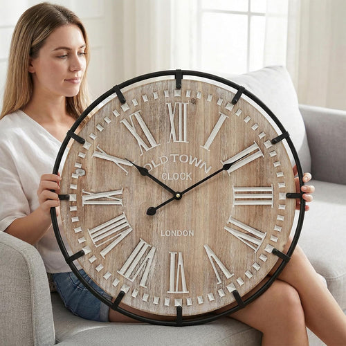 EMAX HOME 24 Inch Large Farmhouse Wall Clock, Rustic Antique Wood with Metal Circle and Large Engraved Numerals, Silent Battery Operated Wall Clock for Office Kitchen Bedroom Living Room
