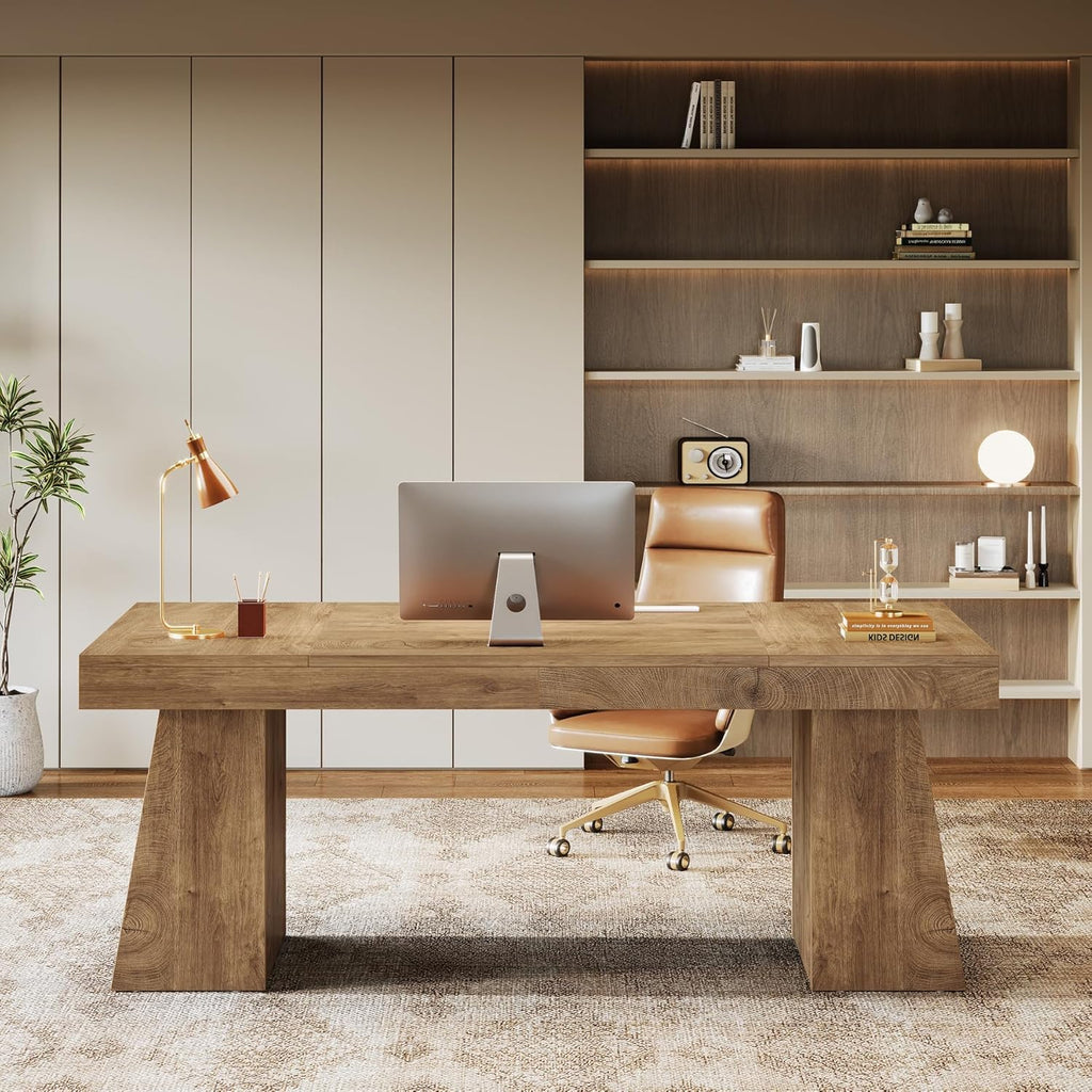Tribesigns 55-Inch Executive Desk, Thick Wood Office Computer Desk with Double Pedestal, Modern Minimalist Workstations Writing Table Conference Table Furniture for Home Office, Light Brown