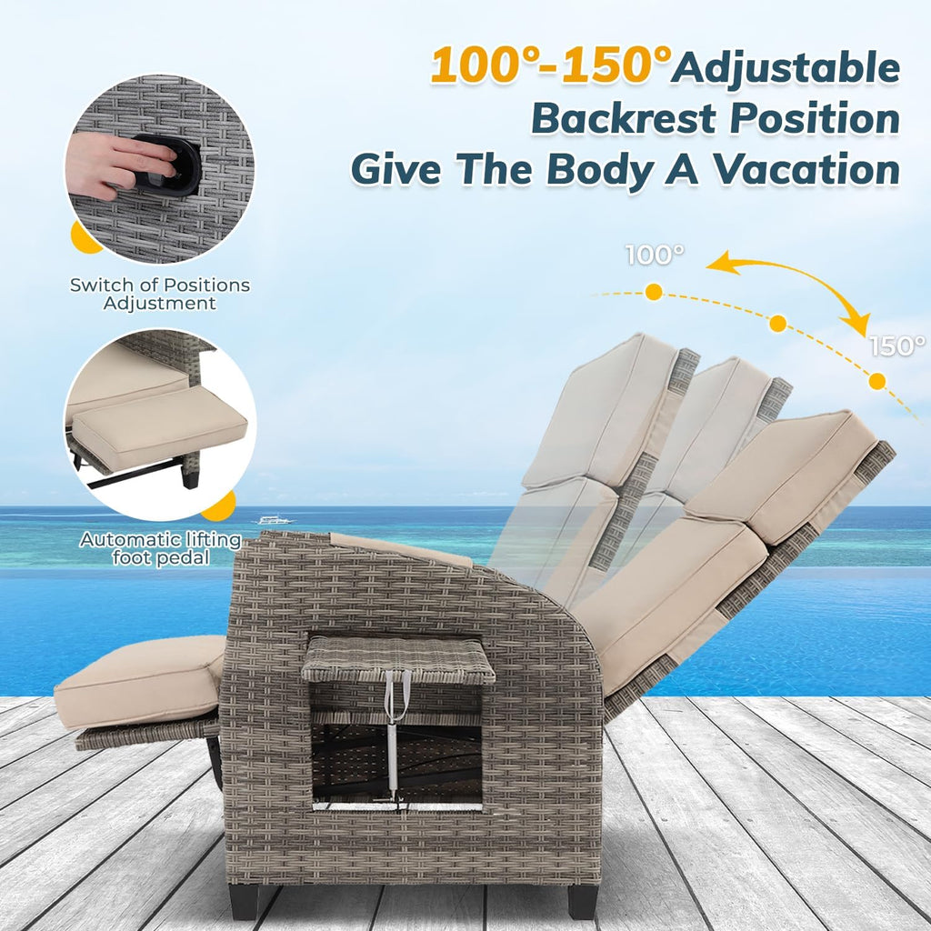 Outdoor Patio Recliner Chair,Adjustable Backrest up to Lay Flat Reclining Chair & Extended Footrest, Flip-Up Side Table, Removable Cushion for Porch Balcony Garden Poolside (1)