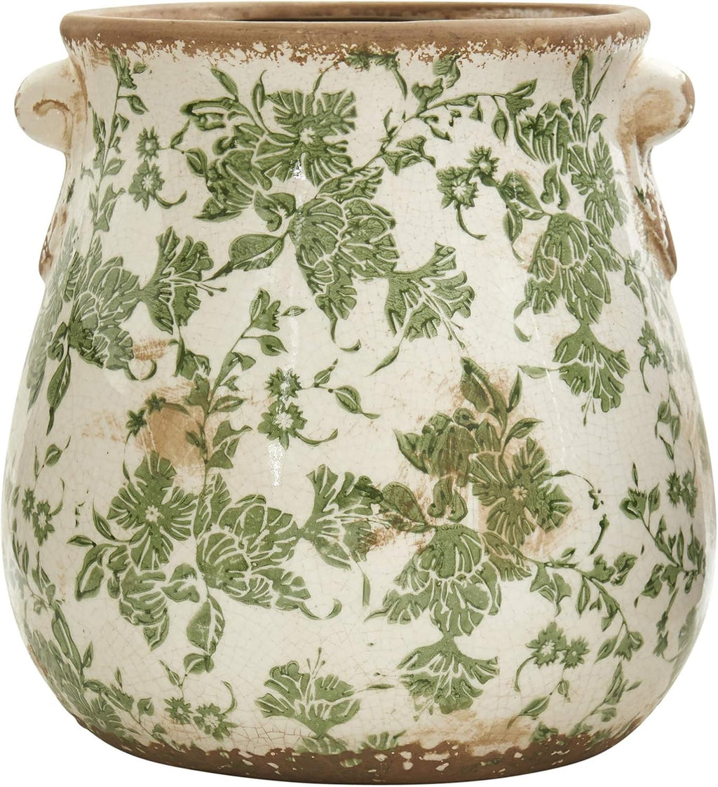 Nearly Natural 6.5in Ceramic Decorative Vase Tuscan Style Green Floral Scroll Design for Indoor Home Decor Centerpieces Tables Small Flower Vases