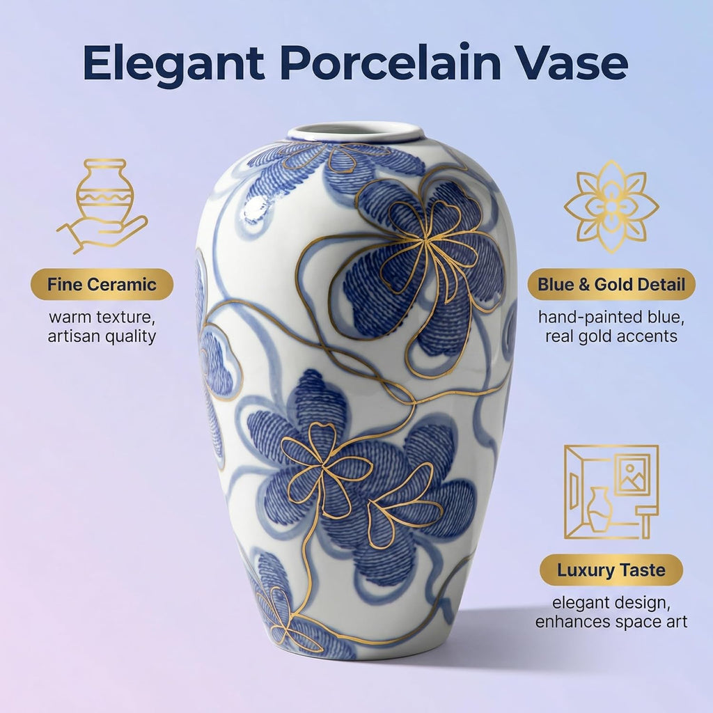 Blue and White Ceramic Vase for Home Decor – Hand-Painted Porcelain Flower Vase with Gold Accents – Chinoiserie-Inspired Home Decor Vases – 9" for Table, Shelf, or Mantel