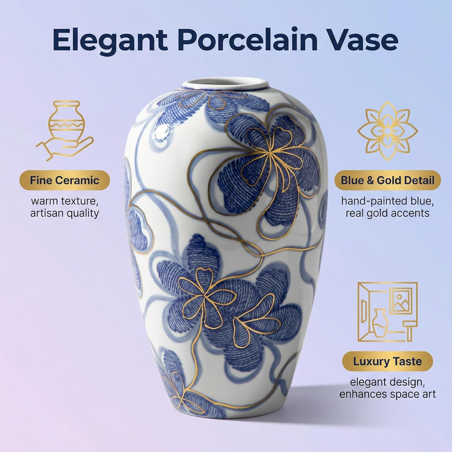 Blue and White Ceramic Vase for Home Decor – Hand-Painted Porcelain Flower Vase with Gold Accents – Chinoiserie-Inspired Home Decor Vases – 9" for Table, Shelf, or Mantel