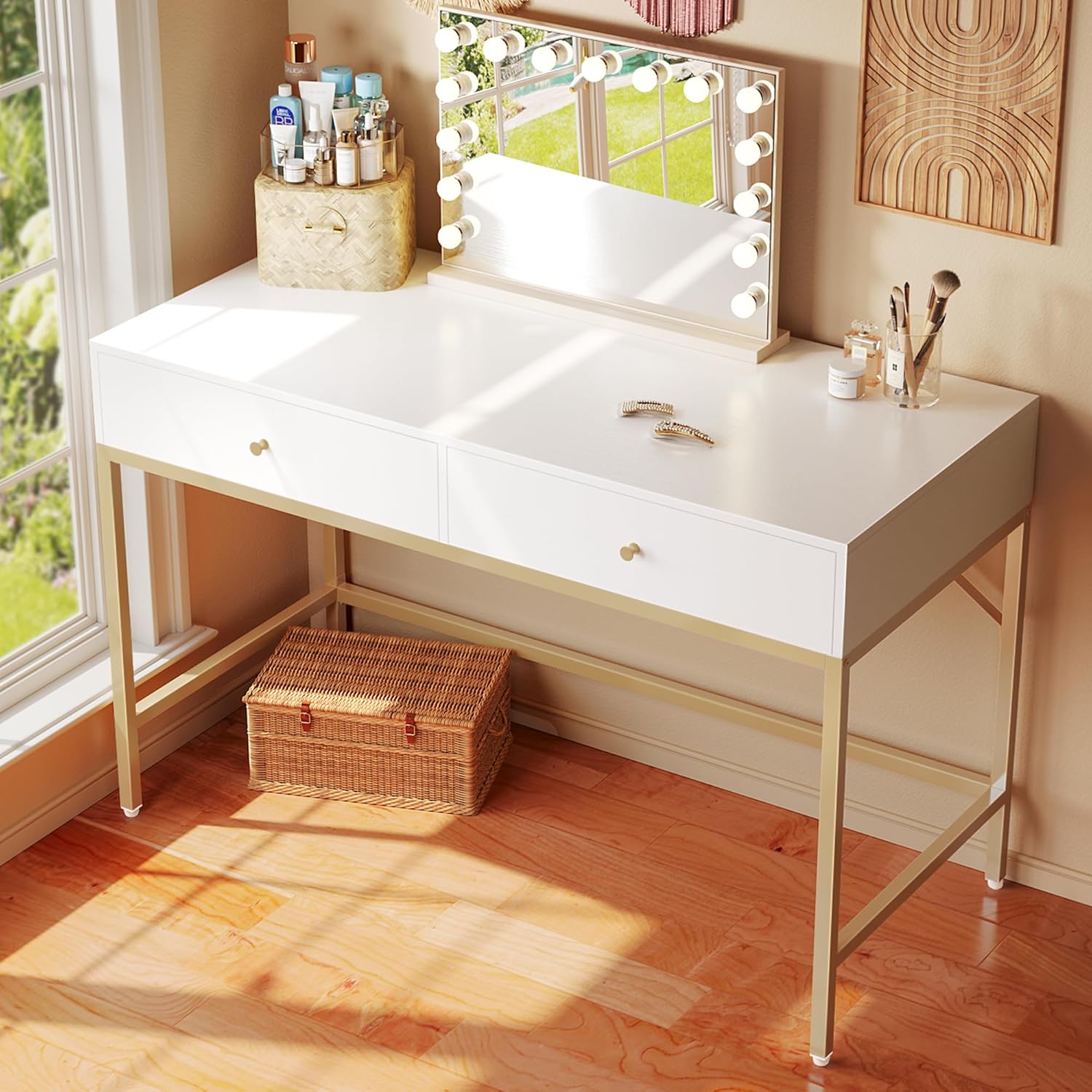 SUPERJARE Vanity Desk with Drawers, 47 inch Computer Desk, Modern Simple Home Office Desks, Makeup Dressing Table for Bedroom - White and Gold