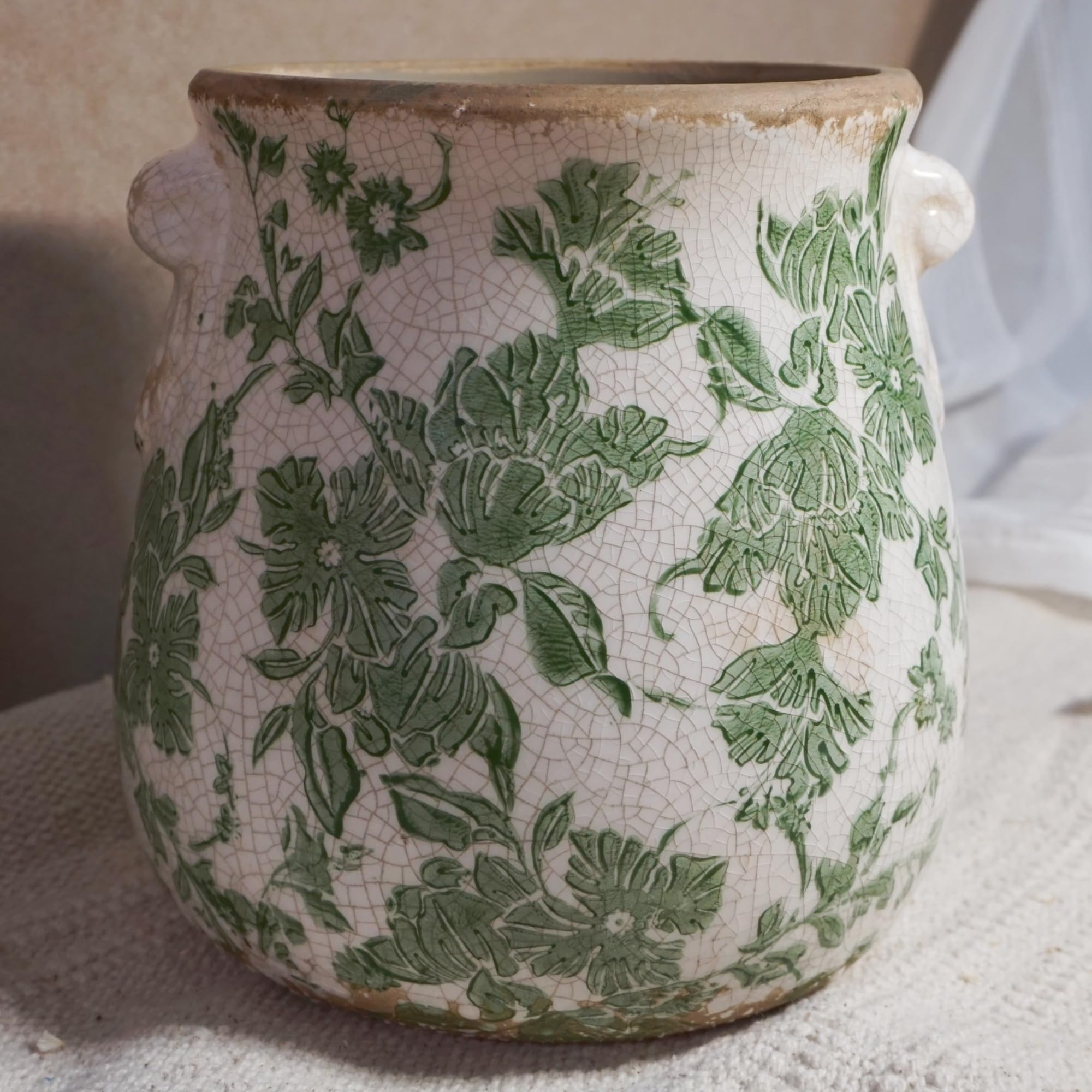 Vintage Green Floral Ceramic Vase, 8 Inch Crackle Glaze Rustic Handmade Vase, Decorative Pottery for Fresh or Dried Flowers, Farmhouse Cottage Modern Rustic Decor