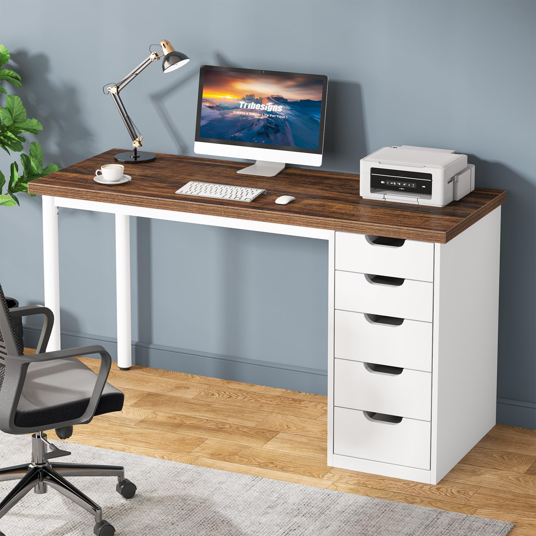 Tribesigns Computer Desk with 5 Drawers, 47 inches Rustic Brown Home Office Desk with Storage, Modern Simple Laptop Desk Study Writing Table for Small Spaces (1, Brown+Black)