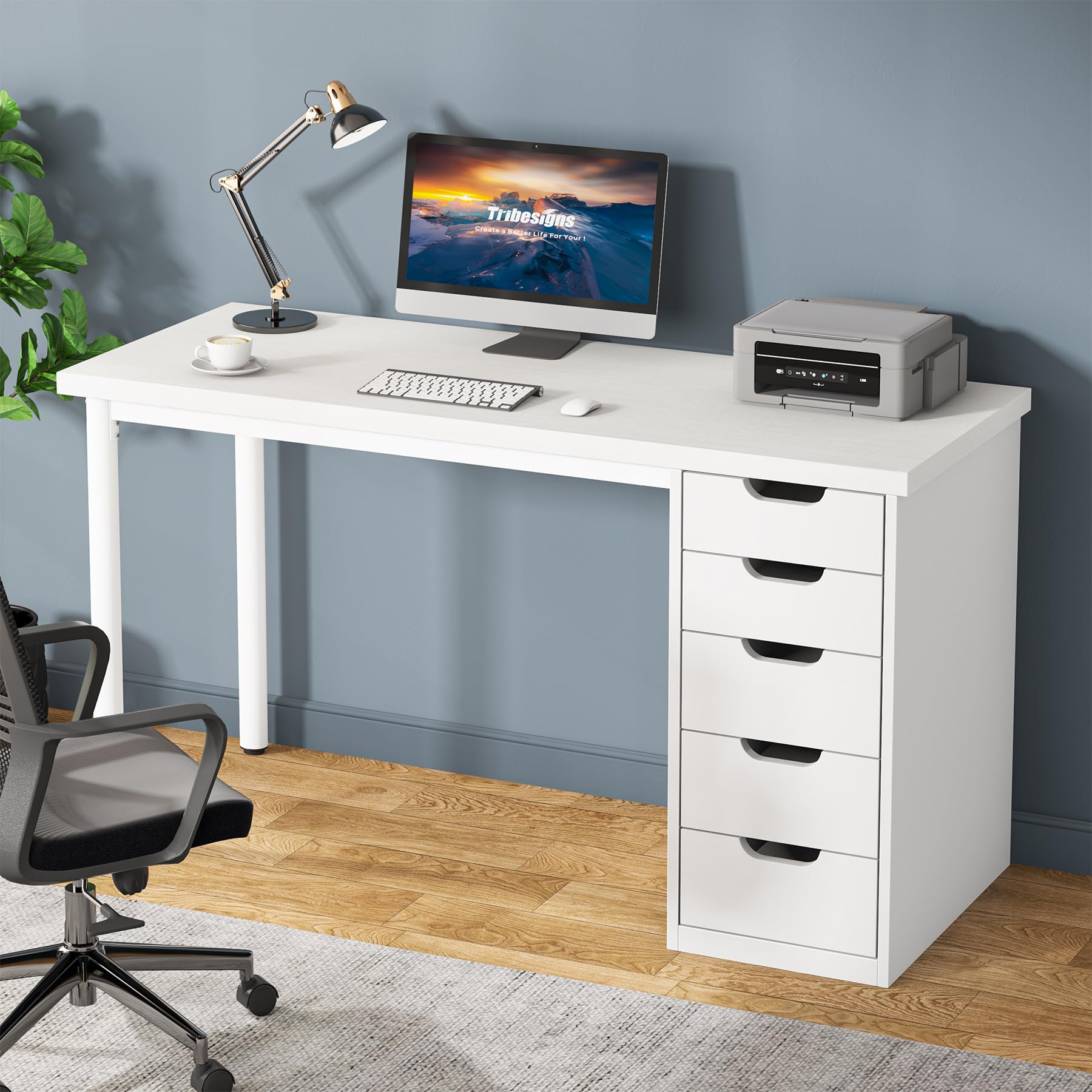 Tribesigns Computer Desk with 5 Drawers, 47 inches Rustic Brown Home Office Desk with Storage, Modern Simple Laptop Desk Study Writing Table for Small Spaces (1, Brown+Black)