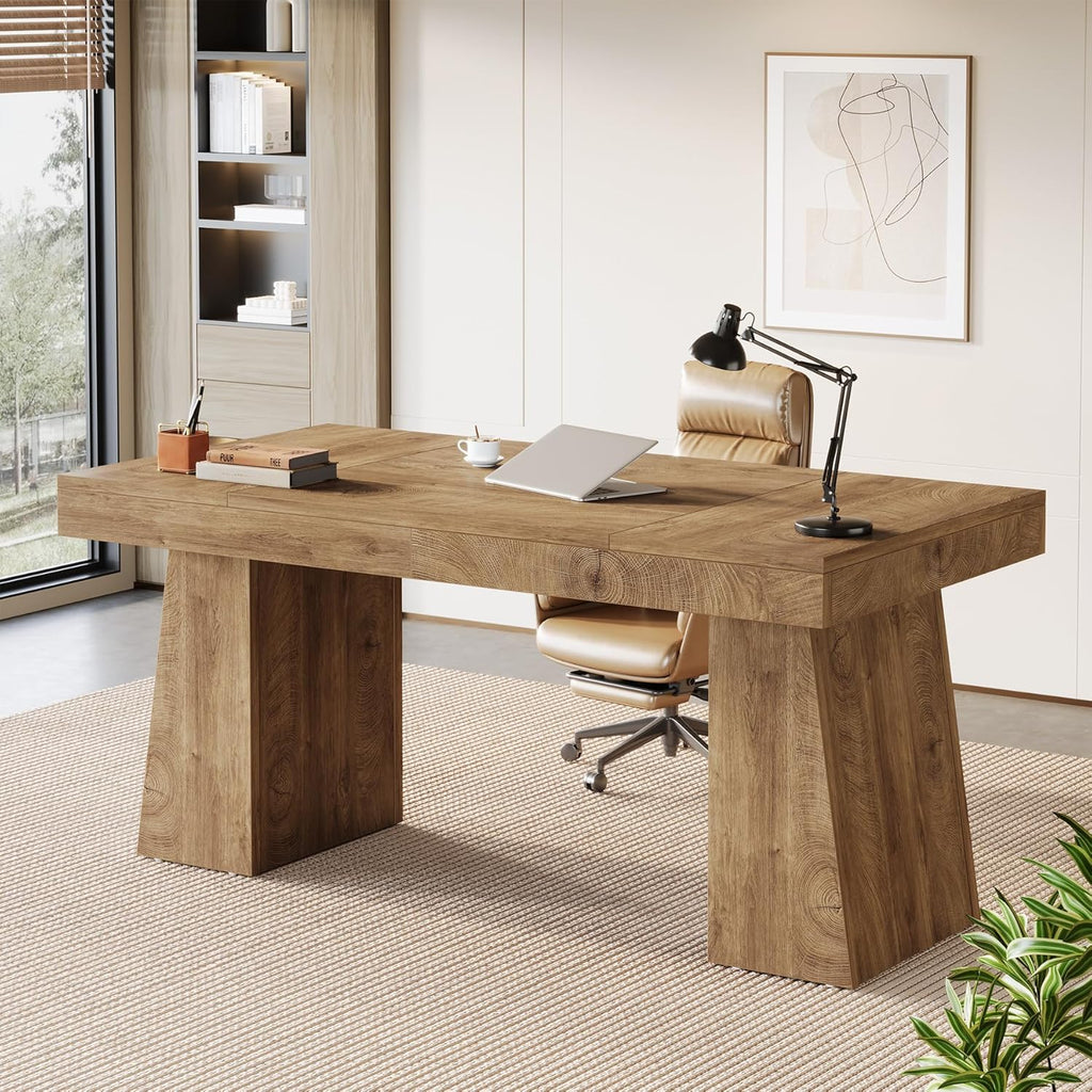 Tribesigns 55-Inch Executive Desk, Thick Wood Office Computer Desk with Double Pedestal, Modern Minimalist Workstations Writing Table Conference Table Furniture for Home Office, Light Brown