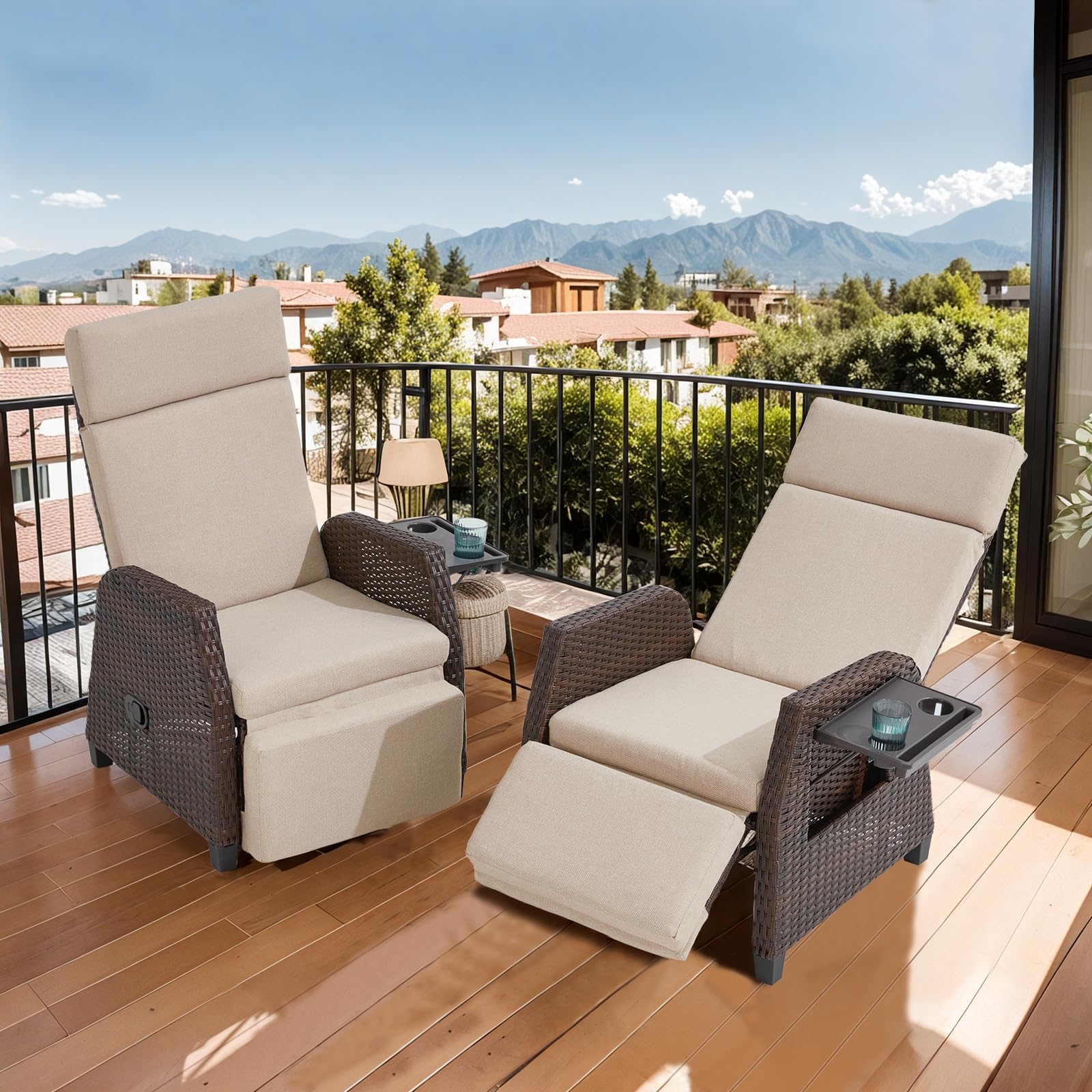 Outdoor Patio Recliner Chair, 180° Flat Recliner with Flip Table & Adjustable Backrest, Rattan Reclining Lounge Chair, Wicker Balcony Recliner, Blue