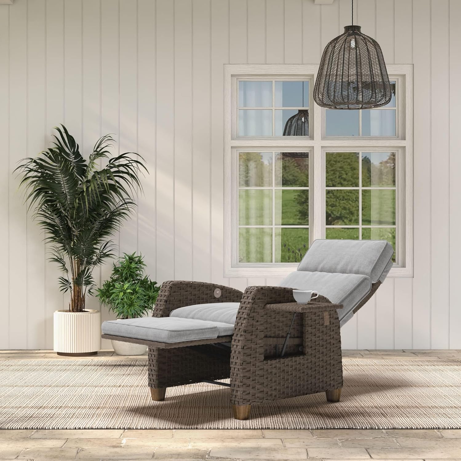 Grand patio Indoor & Outdoor Recliner Chair PE Wicker Patio Recliner with Flip Table Reclining Lounge Chair, Mist Grey