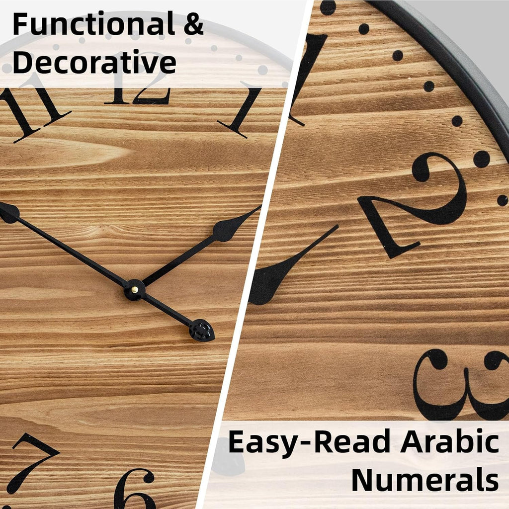 Rustic Farmhouse Wall Clocks for Living Room Decor, Large 24 inch Wall Clock with Dark Brown Wooden Face and Black Metal Frame, Silent Battery Operated for Kitchen Bedroom Entryway